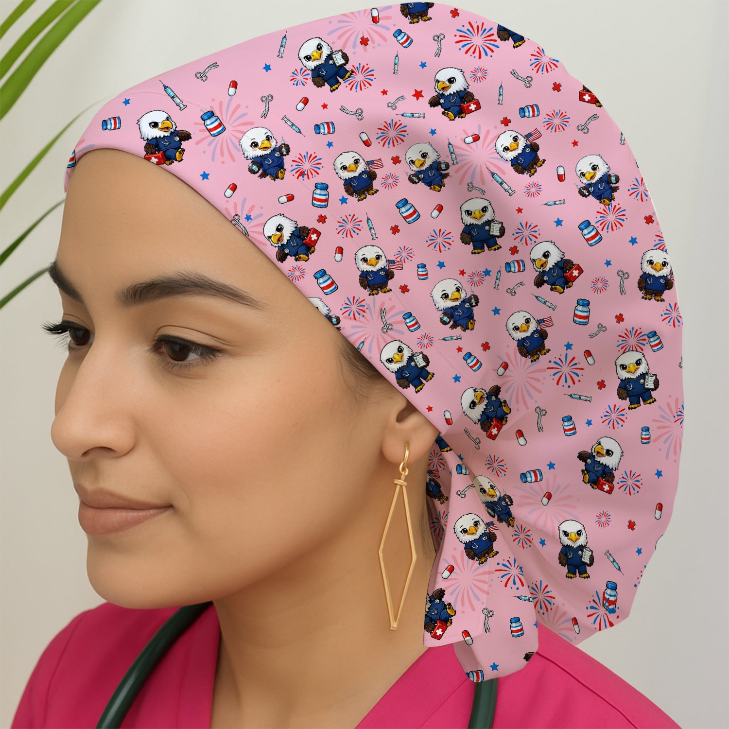 Patriotic Nurse Eagle Fireworks Medical Pattern Cap, Bouffant Scrub Caps for Women
