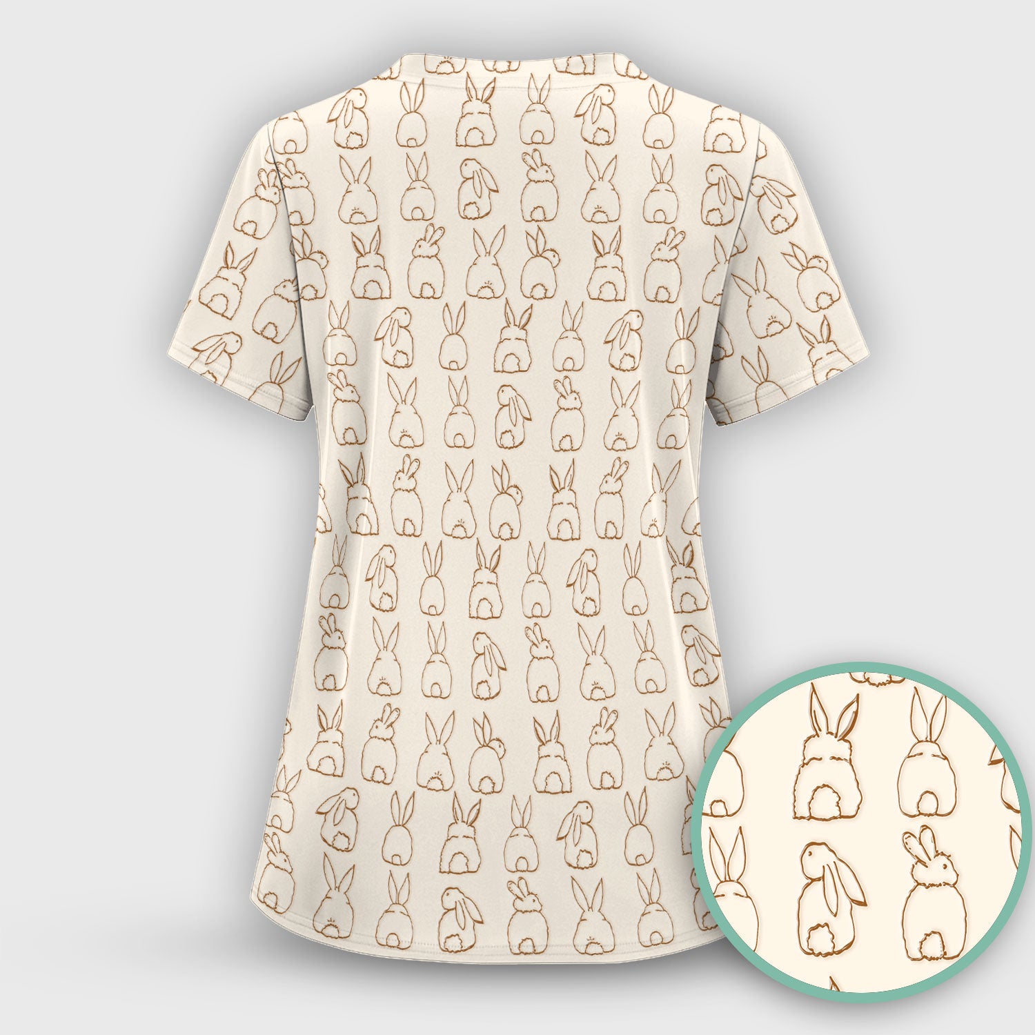 Cartoon Bunny Line Art Pattern Medical Scrub Top, Comfortable Scrubs for Nurses, Easter