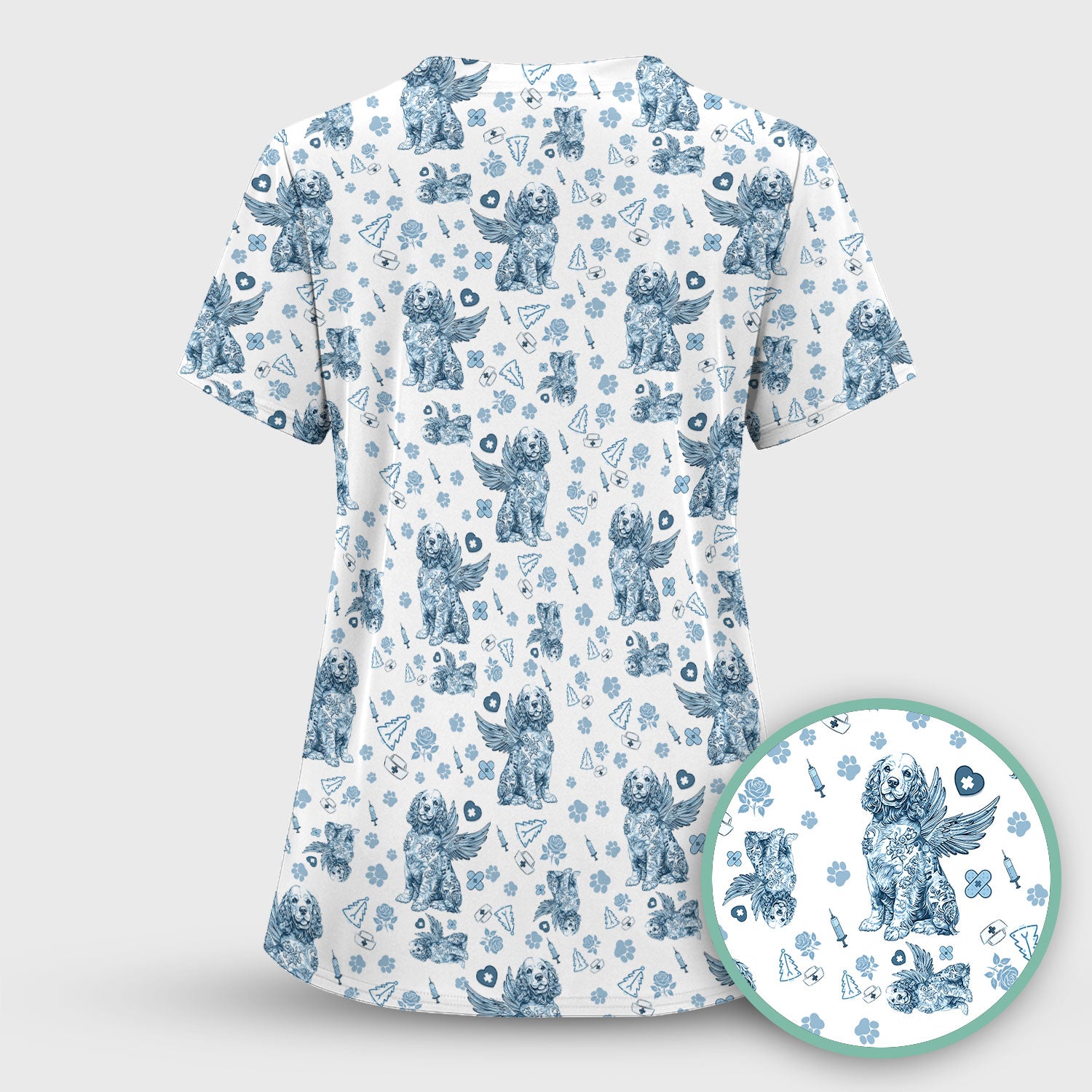 Toile De Jouy Scrubs for Nurses - Angel Puppy Medical Uniform - Floral Dog in Heaven Gift for Women, Vet Techs, RN CNA LPN