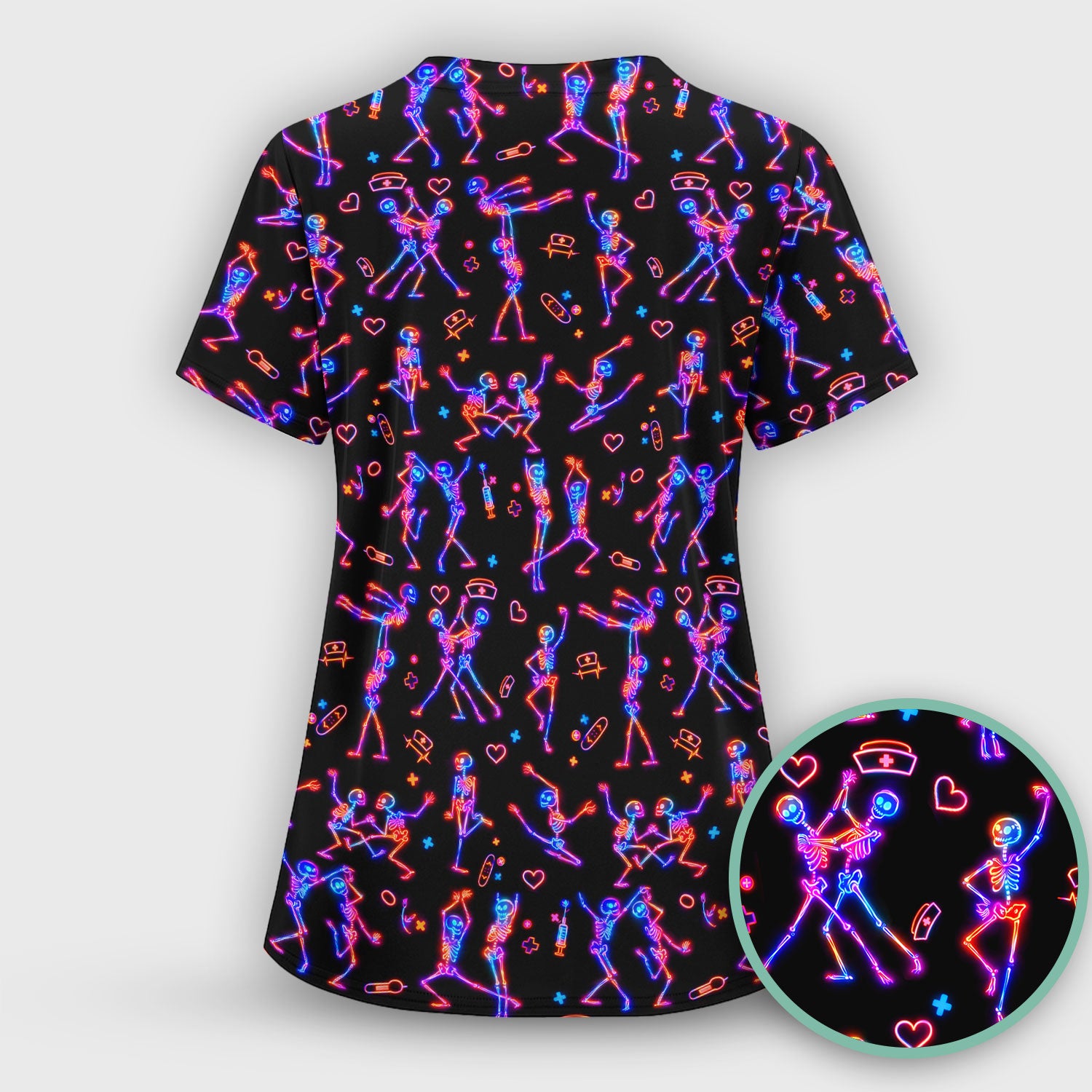 Neon Dancing Skeleton Medical Pattern Scrub Top, Comfortable Scrubs for Nurses