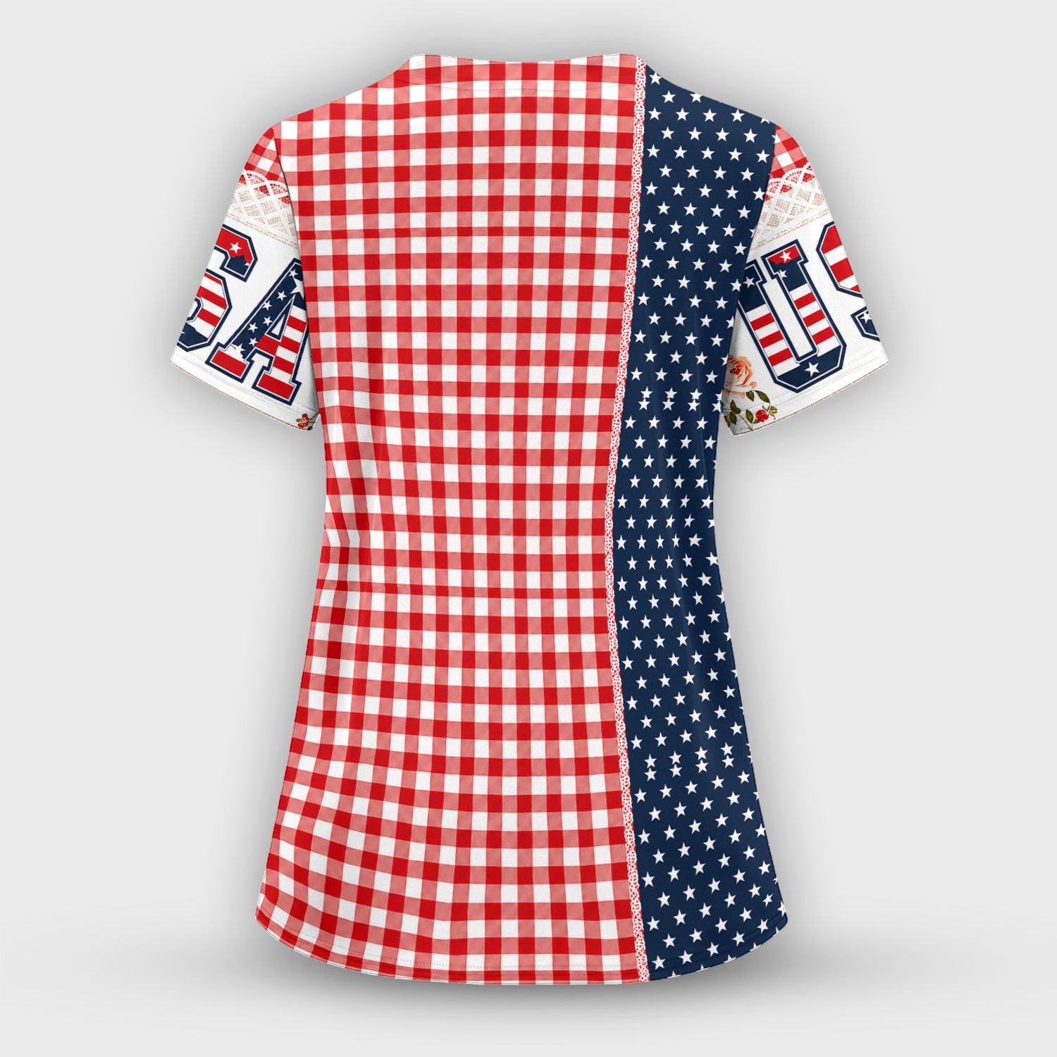 Patriotic Patchwork with USA Flag Pattern Scrub Top, Comfortable Scrubs for Nurses