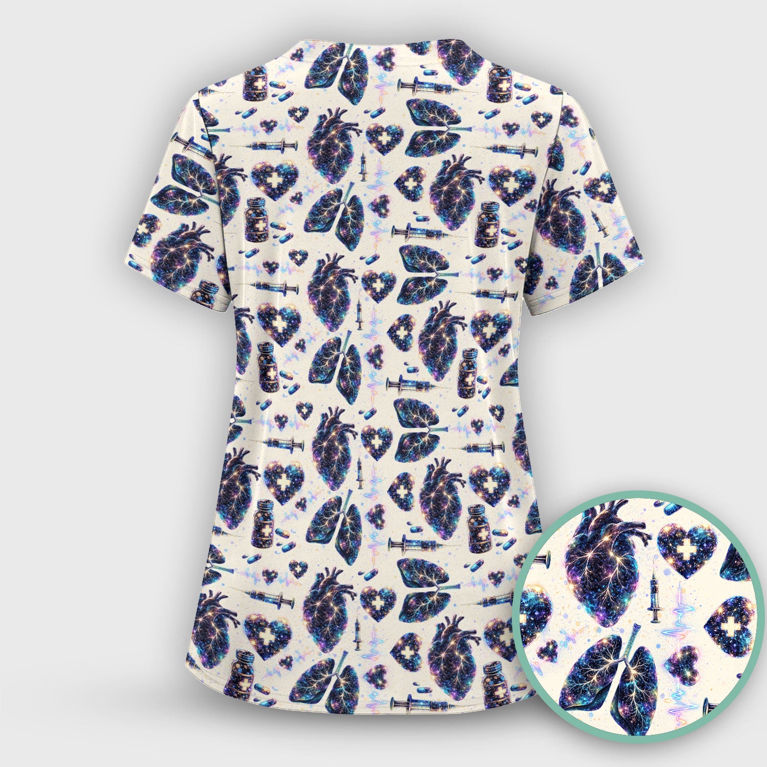 Galaxy Anatomical Heart Lung Syringe Print Scrub Top, Breathable Fabrics Nursing Uniform
