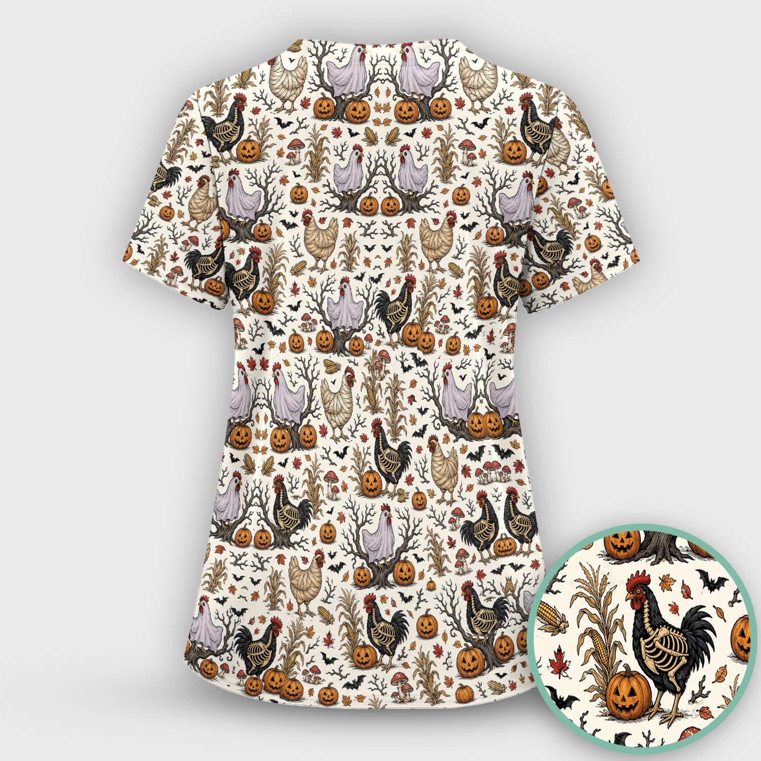 Halloween Skeleton Chickens Pattern Scrub Set, Scrub Pants and V Neck Top