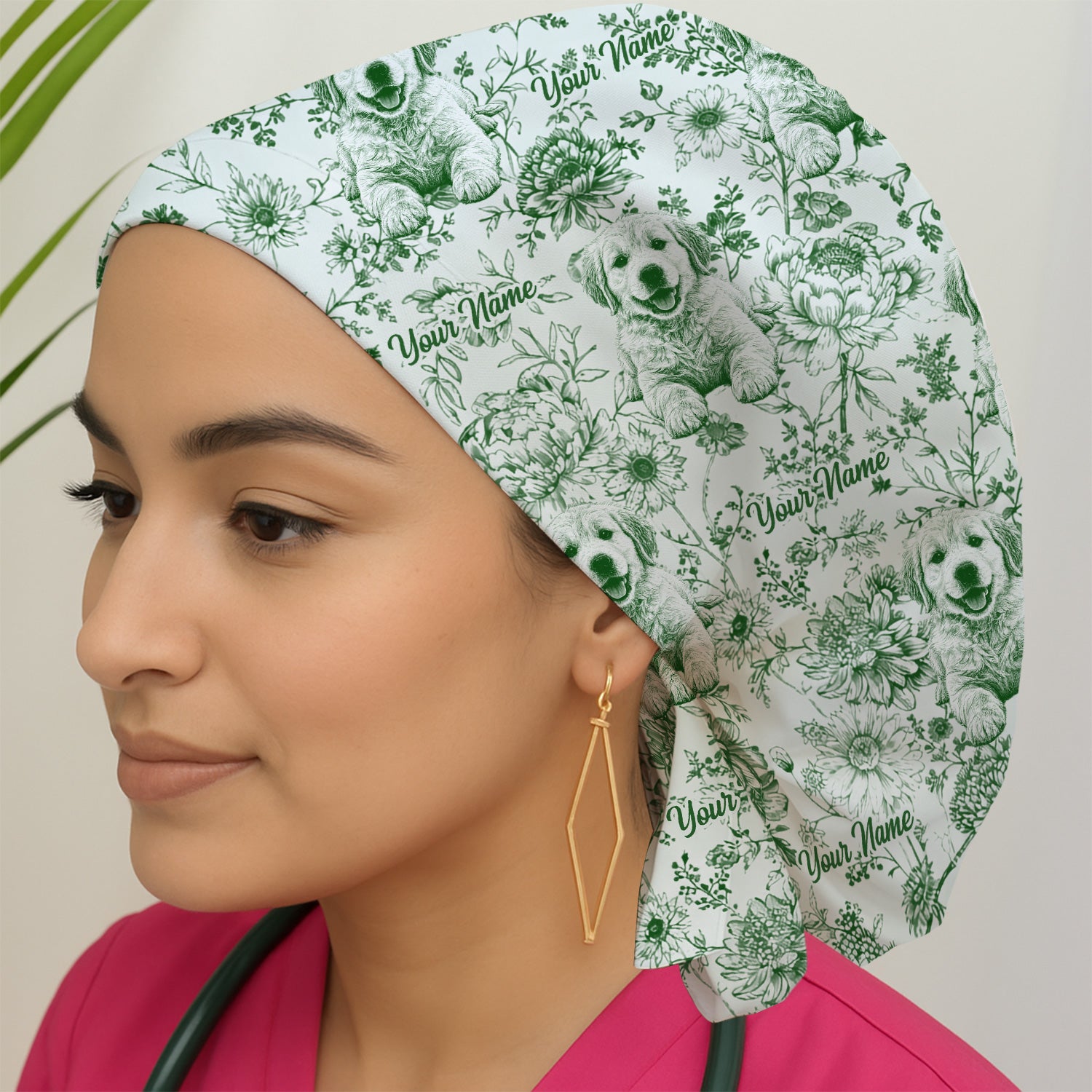 Personalized Custom Pet Photo Name Floral Pattern Scrub Cap, Surgical Caps for Doctors