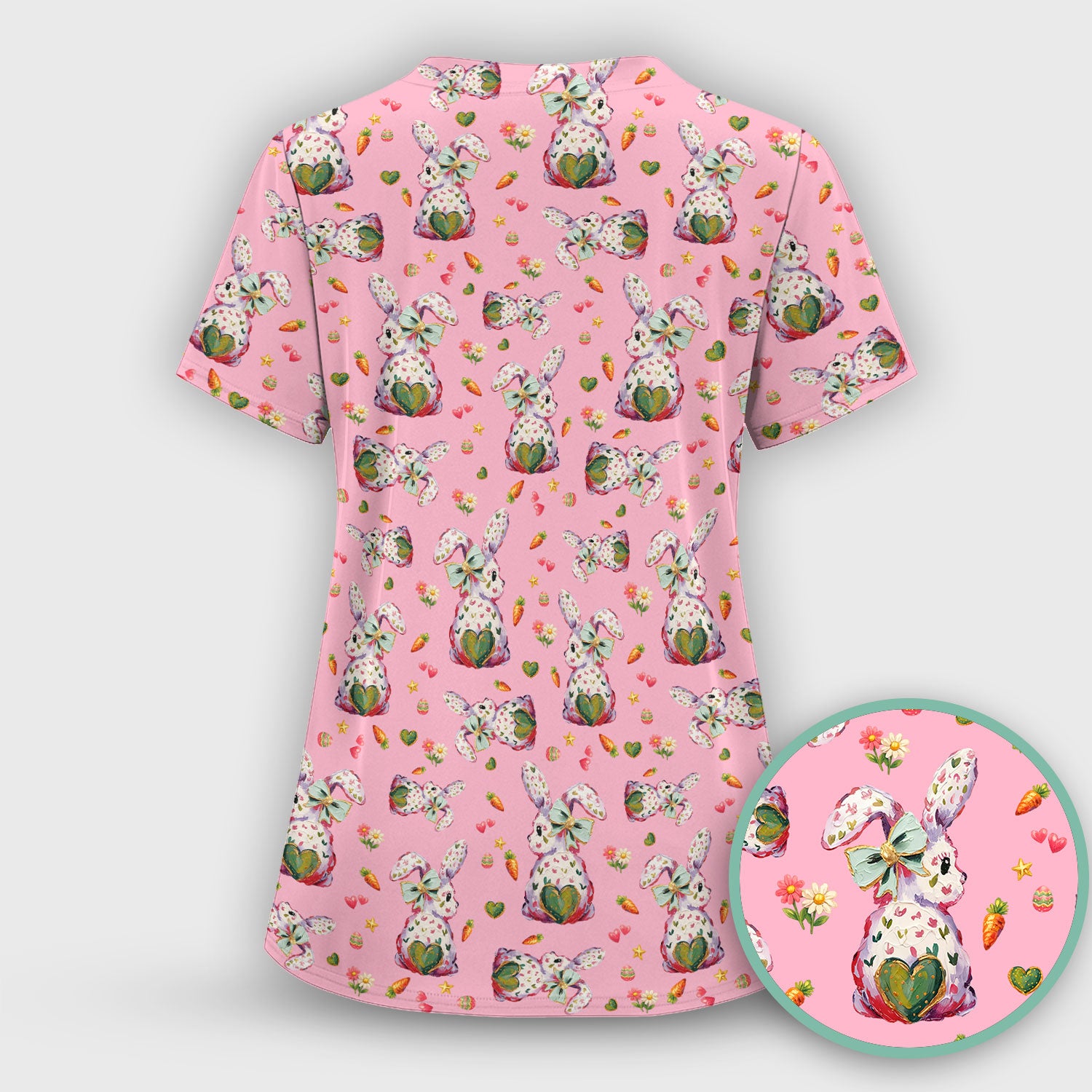 Cute Pastel Bunny Easter Pattern Scrub Top, Comfortable Scrubs for Nurses