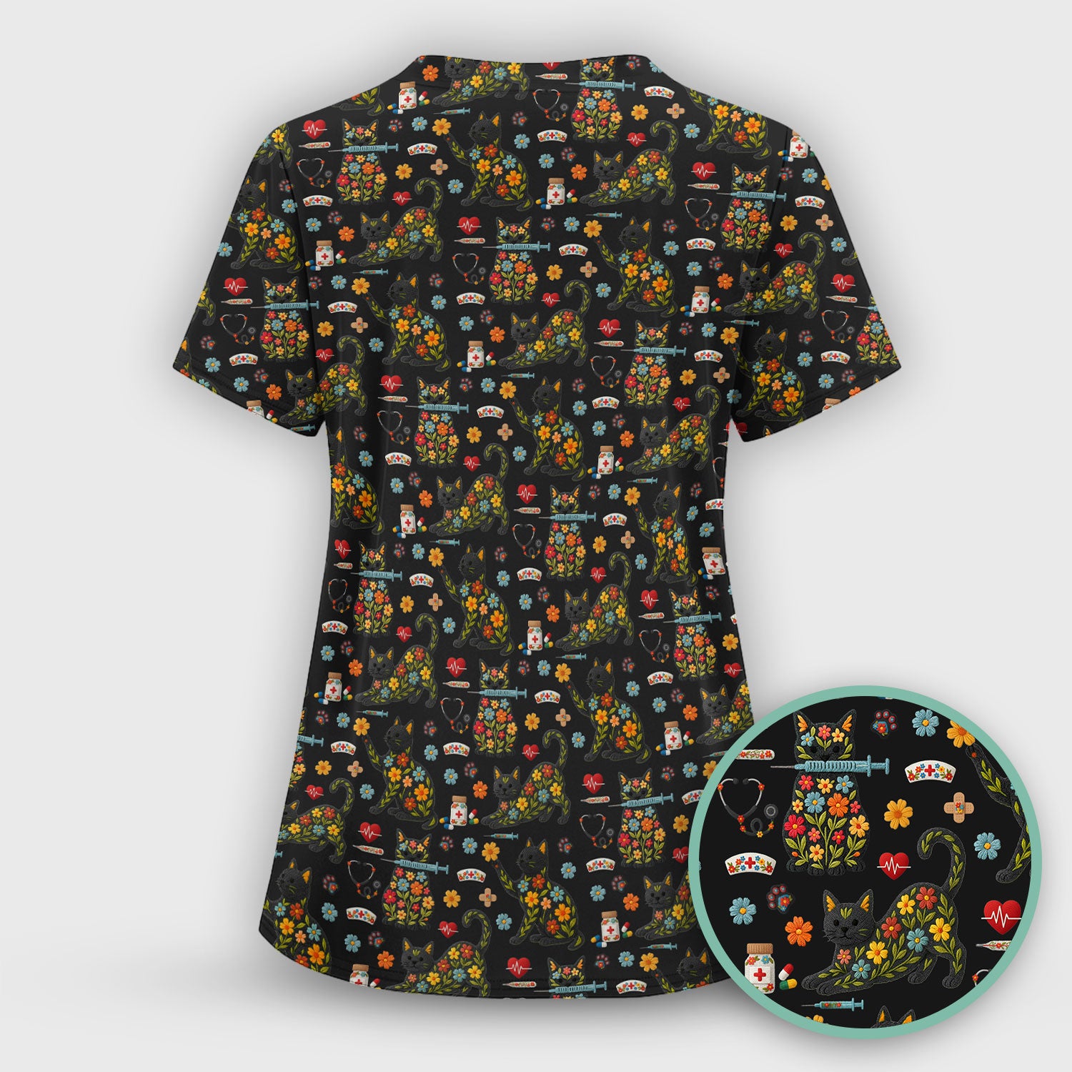 Floral Black Cat Pattern Scrub Top, Cute Cat Nurse Scrub Shirt, Medical Nursing Uniform
