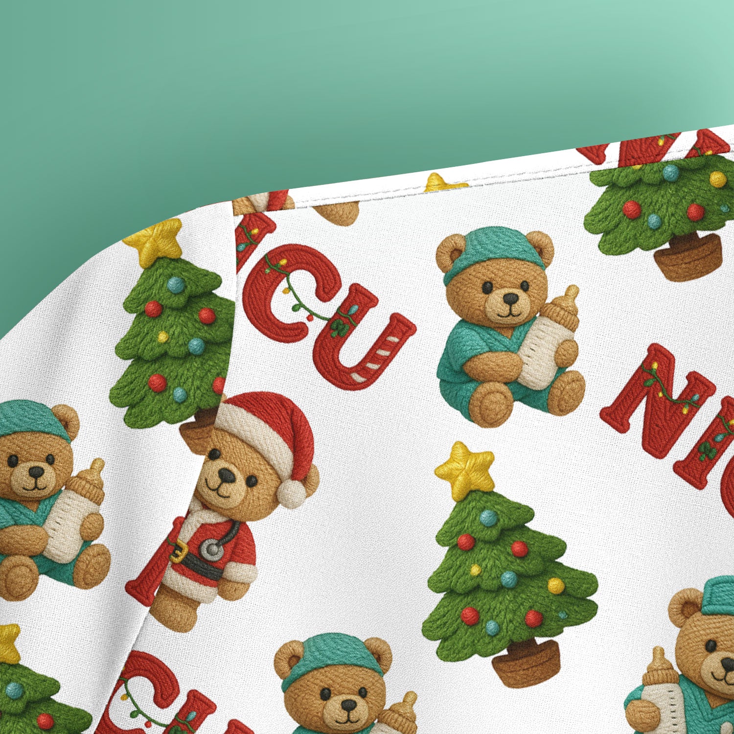 Festive Christmas NICU Nurse Teddy Bear Pattern, Breathable Fabrics Nursing Uniform