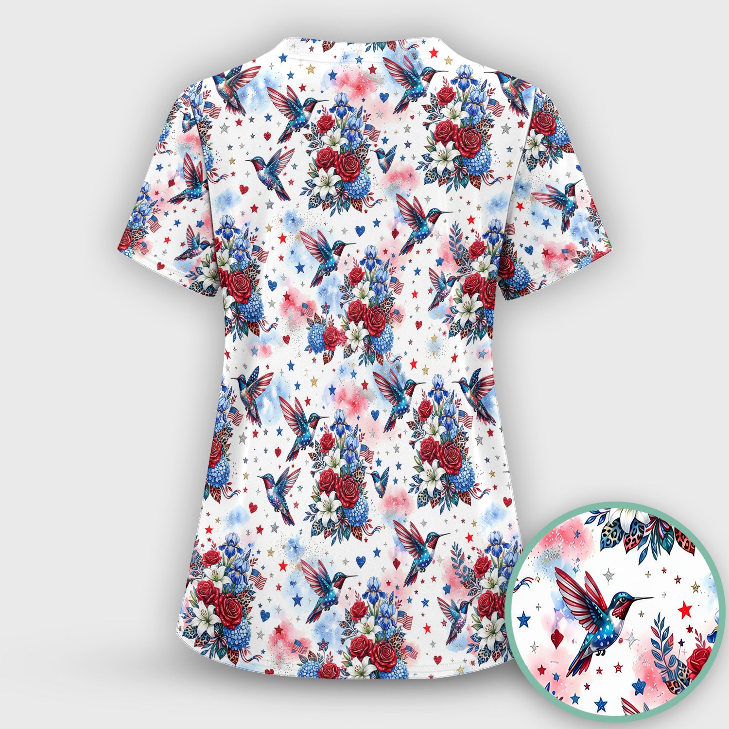Patriotic Hummingbird Floral Bouquet Pattern Scrub Top, Comfortable Scrubs for Nurses