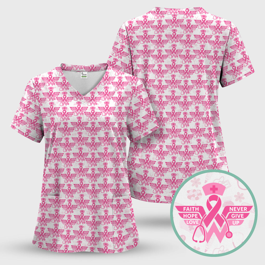 Breast Cancer Awareness Scrub Top - Pink Ribbon Nurse Shirt Multi Color - Faith Hope Love Nursing Workwear with Pockets