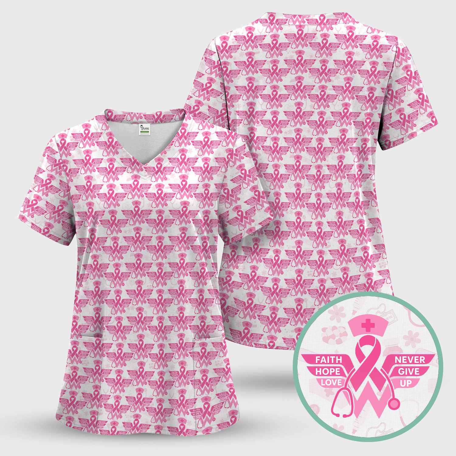 Breast Cancer Awareness Scrub Top - Pink Ribbon Nurse Shirt Multi Color - Faith Hope Love Nursing Workwear with Pockets
