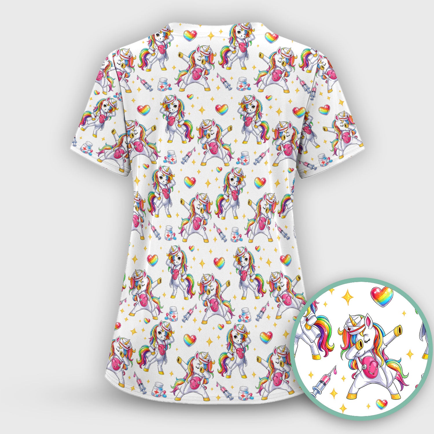 Playful Nurse Unicorn Rainbow Pattern Scrub Top, Comfortable Scrubs for Nurses