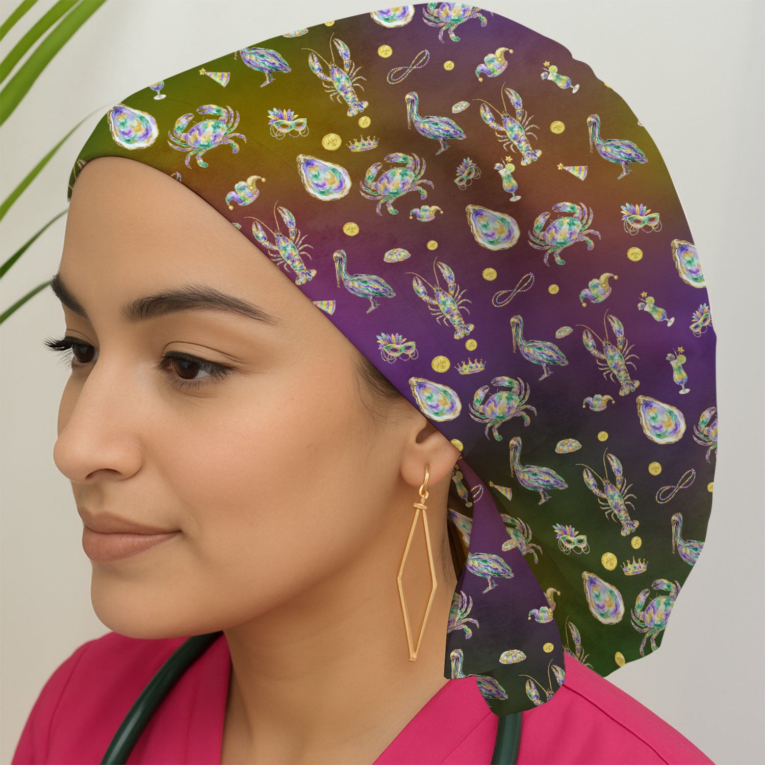 Mardi Gras Seafood Nurse Scrub Cap, Comfortable Uniform Scrubs For Nursing