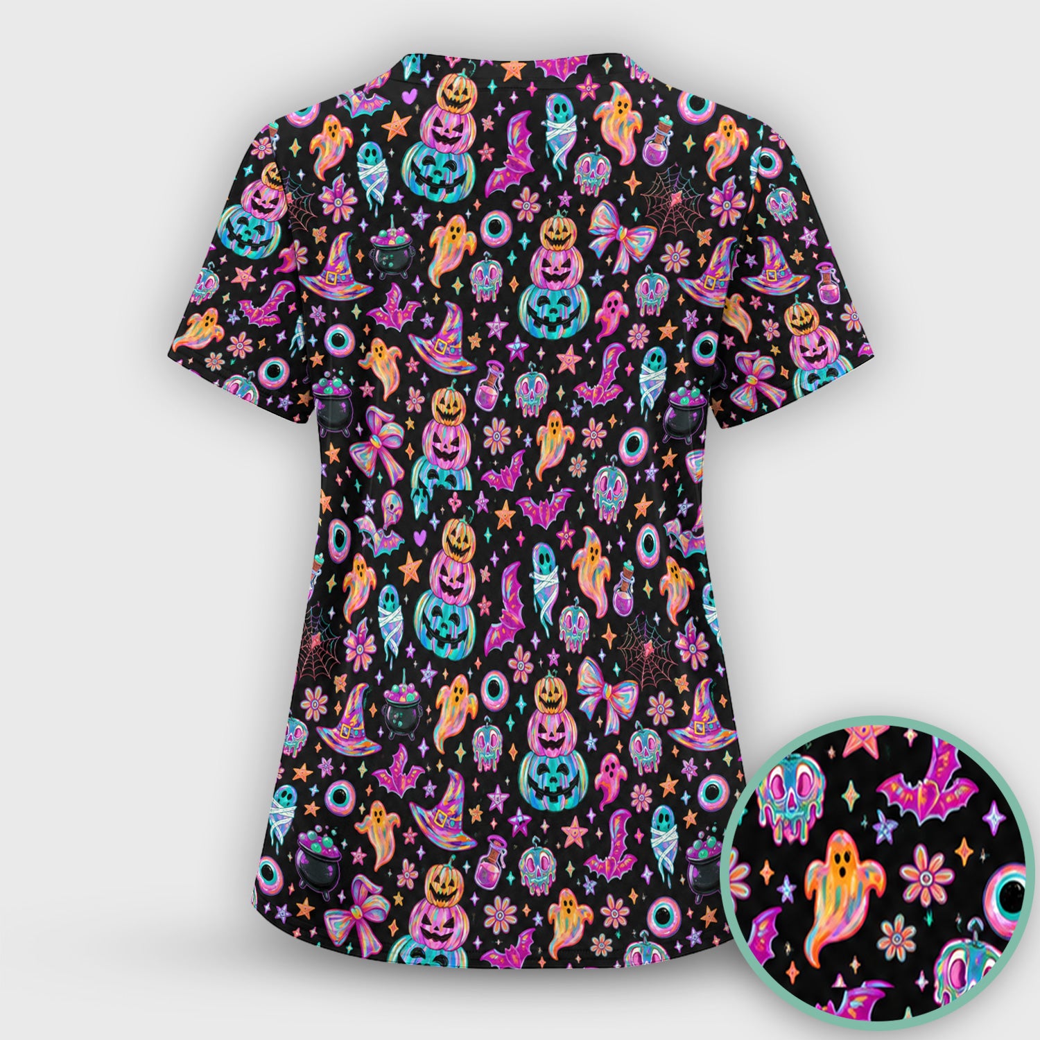Halloween Ghost with Pumpkin Bat Print Scrub Top, Comfortable Scrubs for Nurses