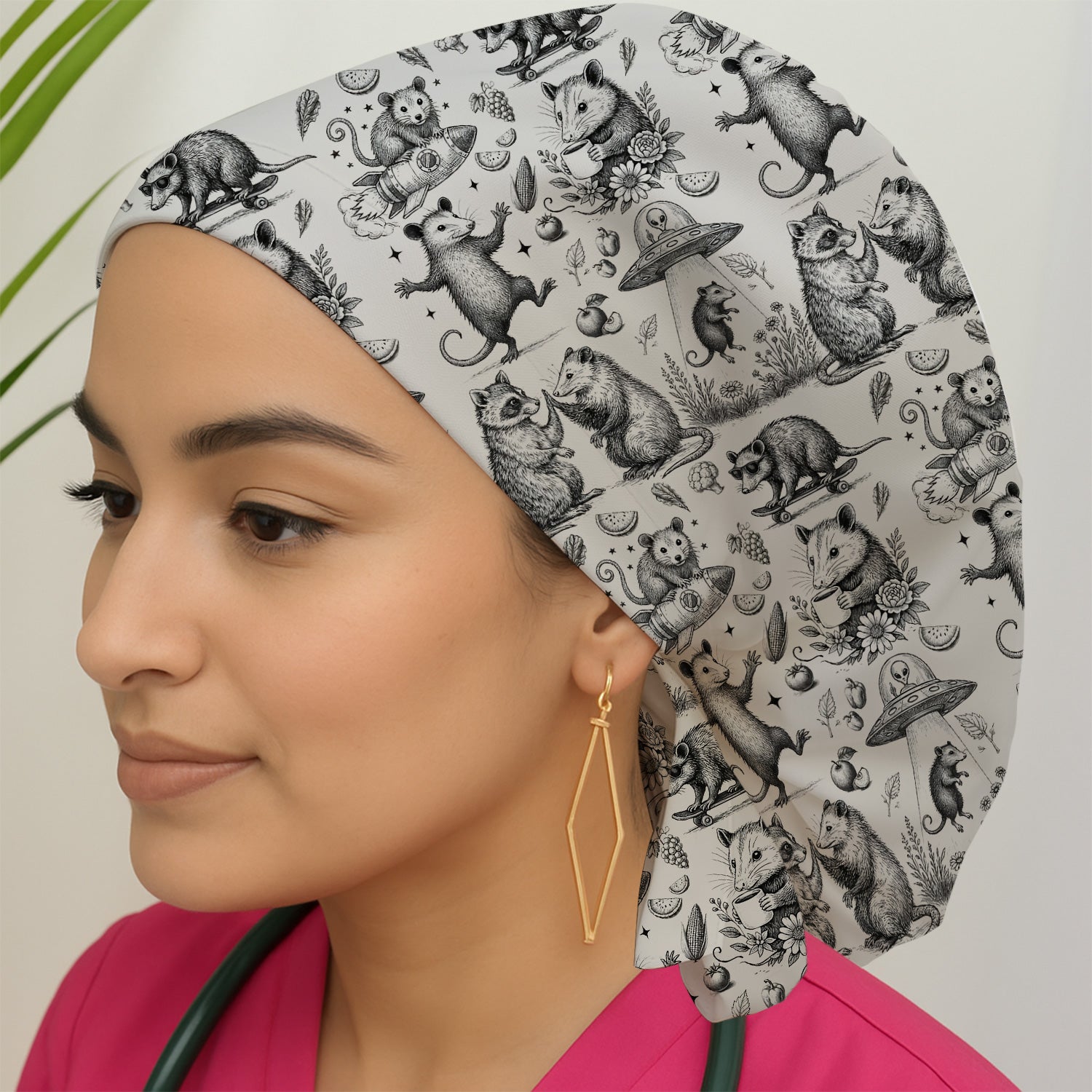 Funny Nurse Vintage Possum Raccoon High Five UFO Pattern Scrub Cap, Surgical Caps for Doctors