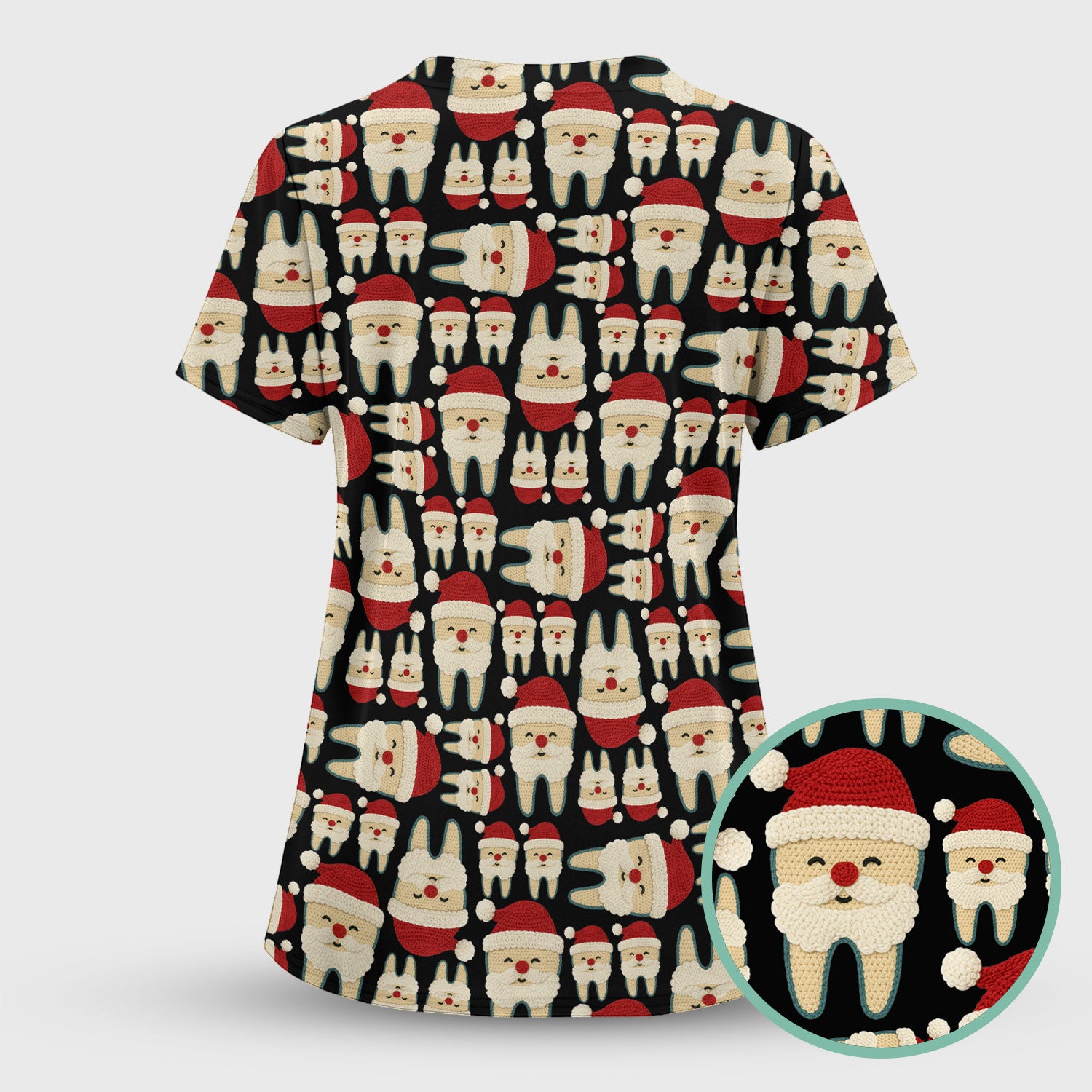 Christmas Tooth Scrub Top - Cute Santa Tooth Pattern for Dentists & Hygienists - Crochet Style Holiday Medical Uniform for Women