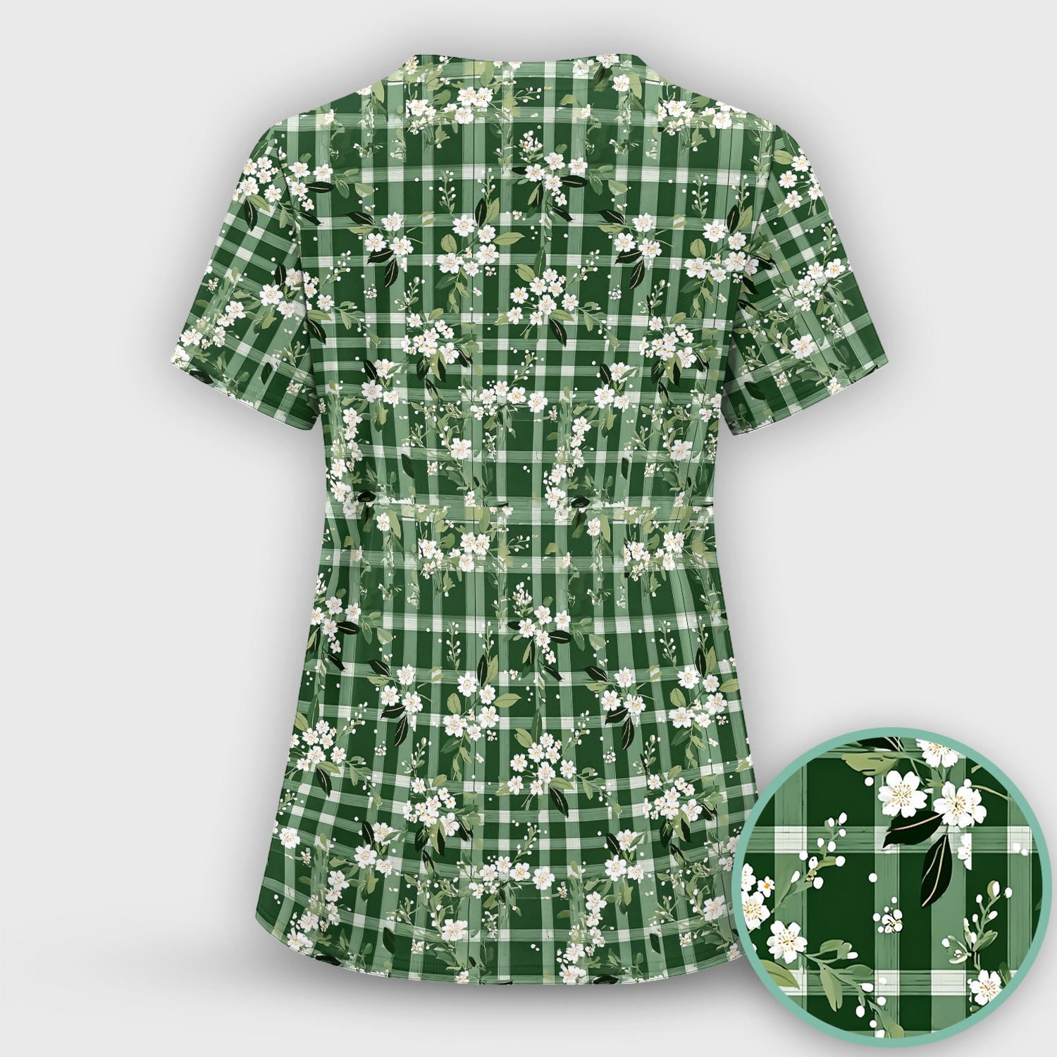 Cute Green Gingham Floral Print Scrub Set, Women's Scrub Sets