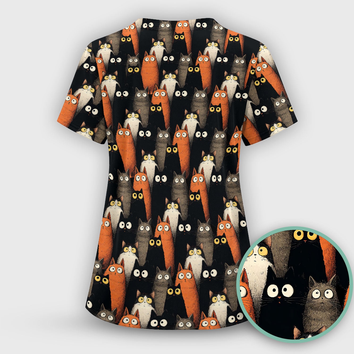 Black Cat Pattern Nurse Scrub Top, Cat Lover Nurse Shirt, Breathable Fabrics Nursing Uniform