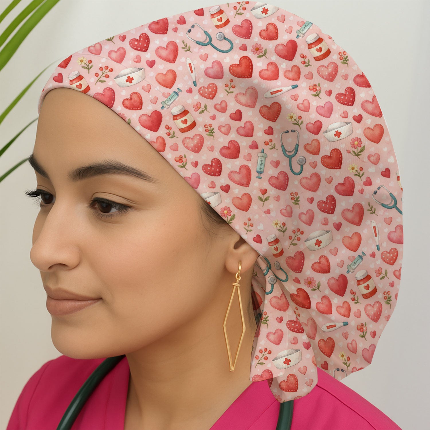 Cute Medical Heart Pattern Scrub Cap, Valentine Nurse Scrub Hat, Breathable Fabrics Nursing Uniform