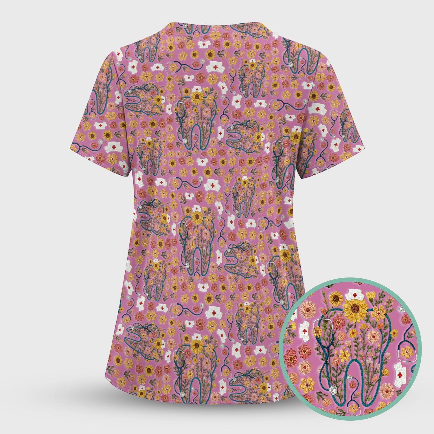 Boho Floral Tooth Scrub Top - Aesthetic Dental Scrubs for Women - Cute Flower Tooth Pattern Medical Uniform - Hygienist Christmas Gift