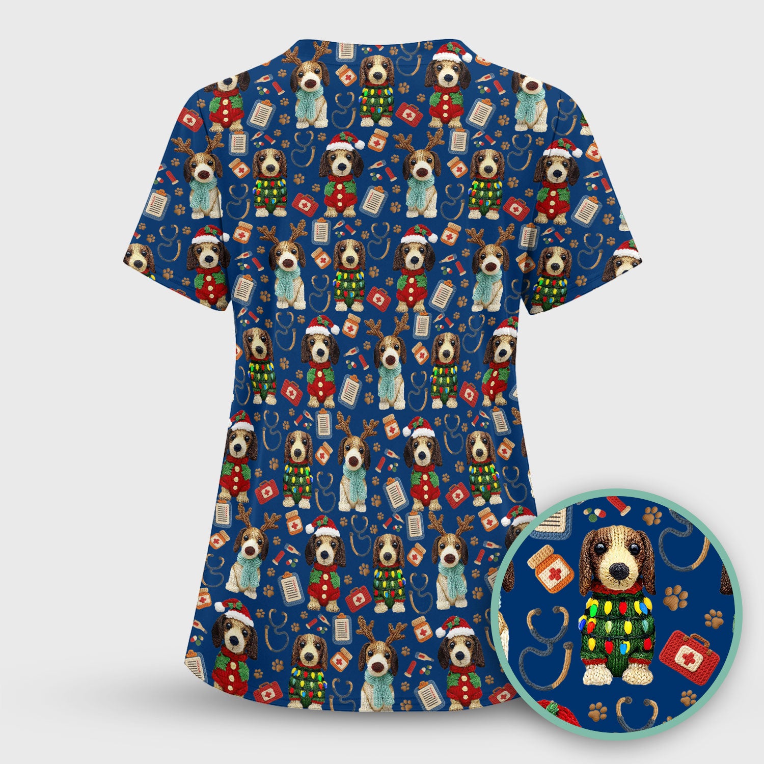 Christmas Doxie Scrubs for Women - Cute Dachshund Christmas Scrub Top for Nurses - Funny Medical Uniform Gift