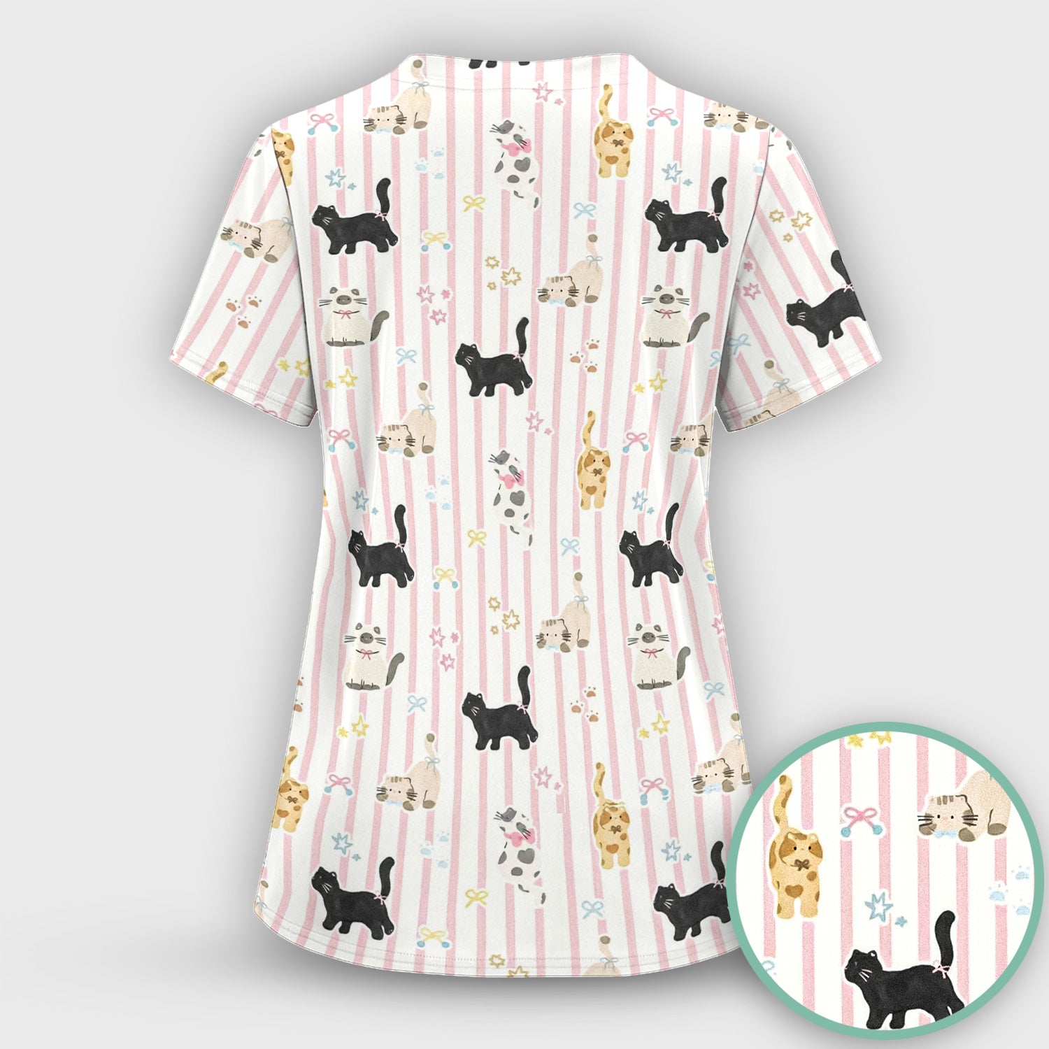 Cute Playful Cat Stripe Ribbon Pattern Scrub Set, Scrub Pants and V Neck Top