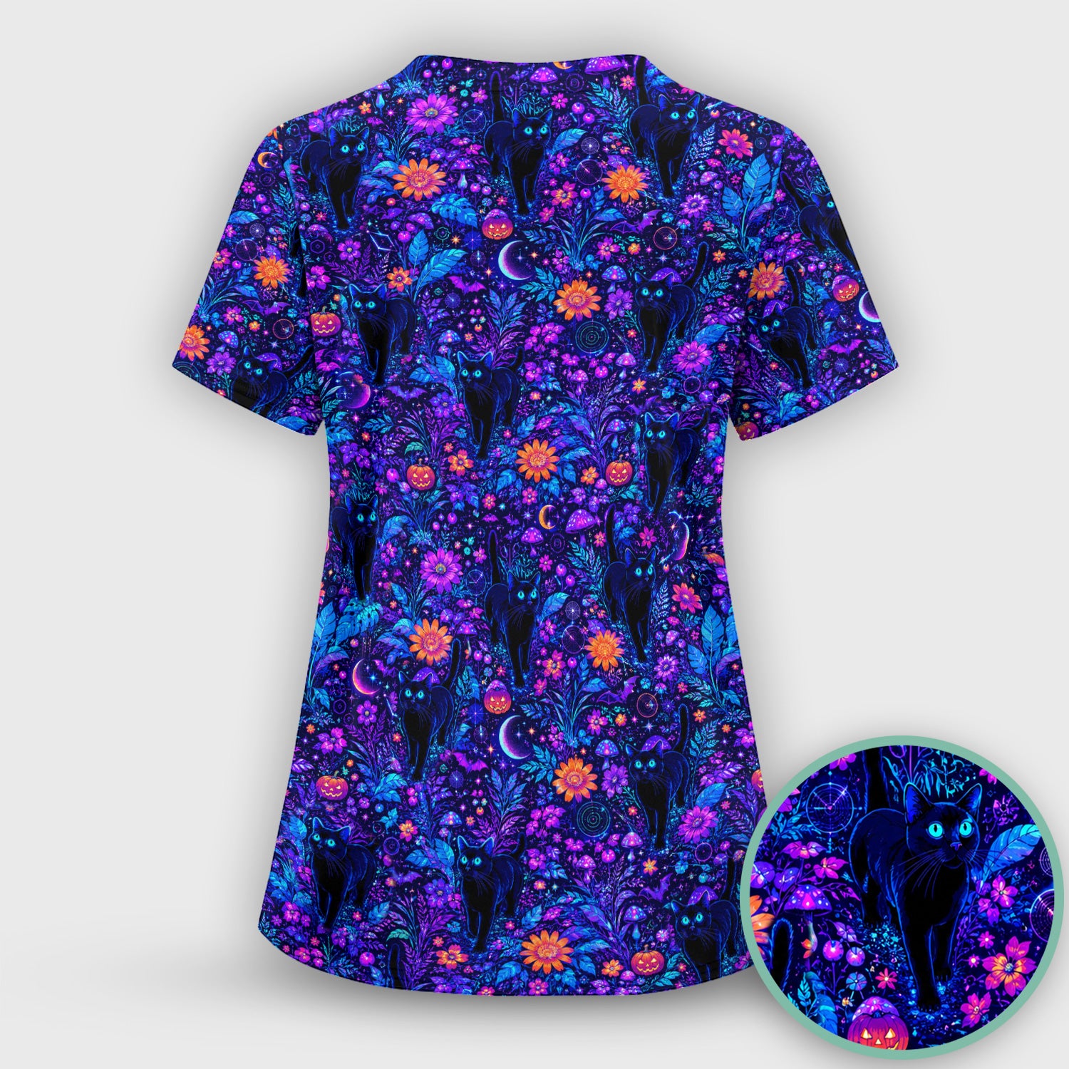 Halloween Black Cat Floral Print Scrub Top, Comfortable Scrubs for Nurses