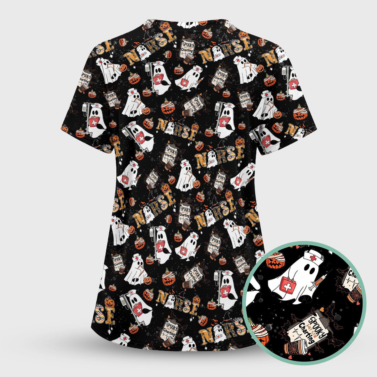 Spooky But Still Charting Halloween Scrub Top - Comfortable Scrubs for Nurses - Funny Boo Pumpkin Nursing Uniform