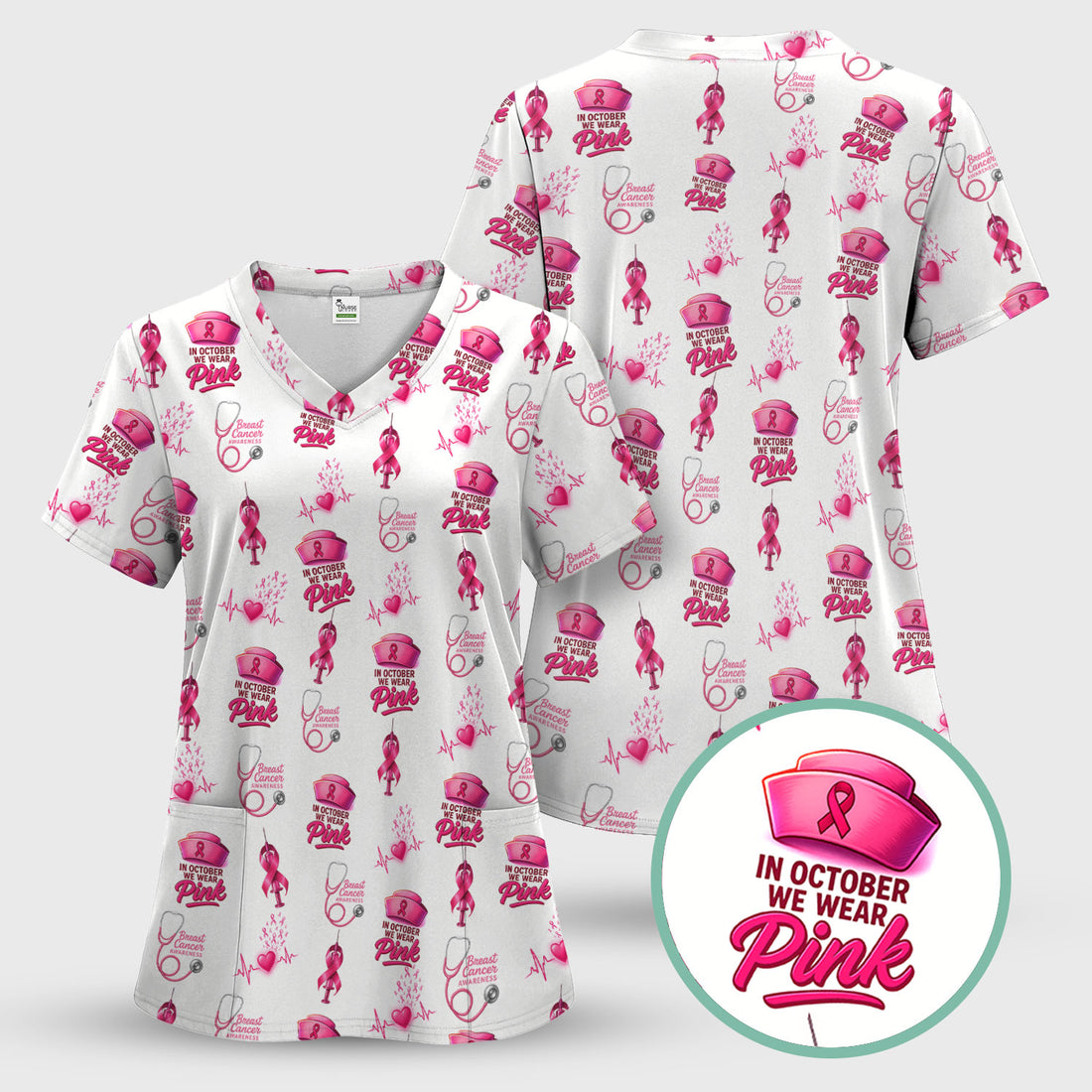 Nurse Breast Cancer Awareness Scrub Top - In October We Wear Pink Design - Gift for RN LPN Healthcare Workers