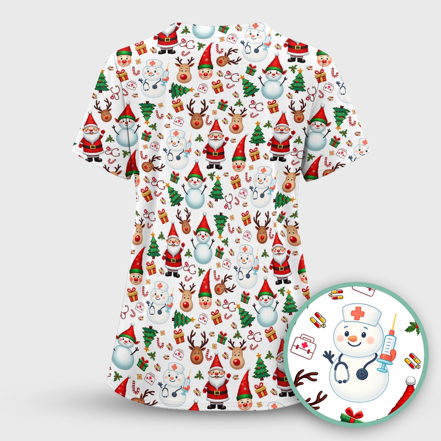 Christmas Nurse Scrub Top - Cute Snowman Santa Reindeer Pattern Medical Shirt - Festive Holiday Scrubs for Women RN CNA LPN
