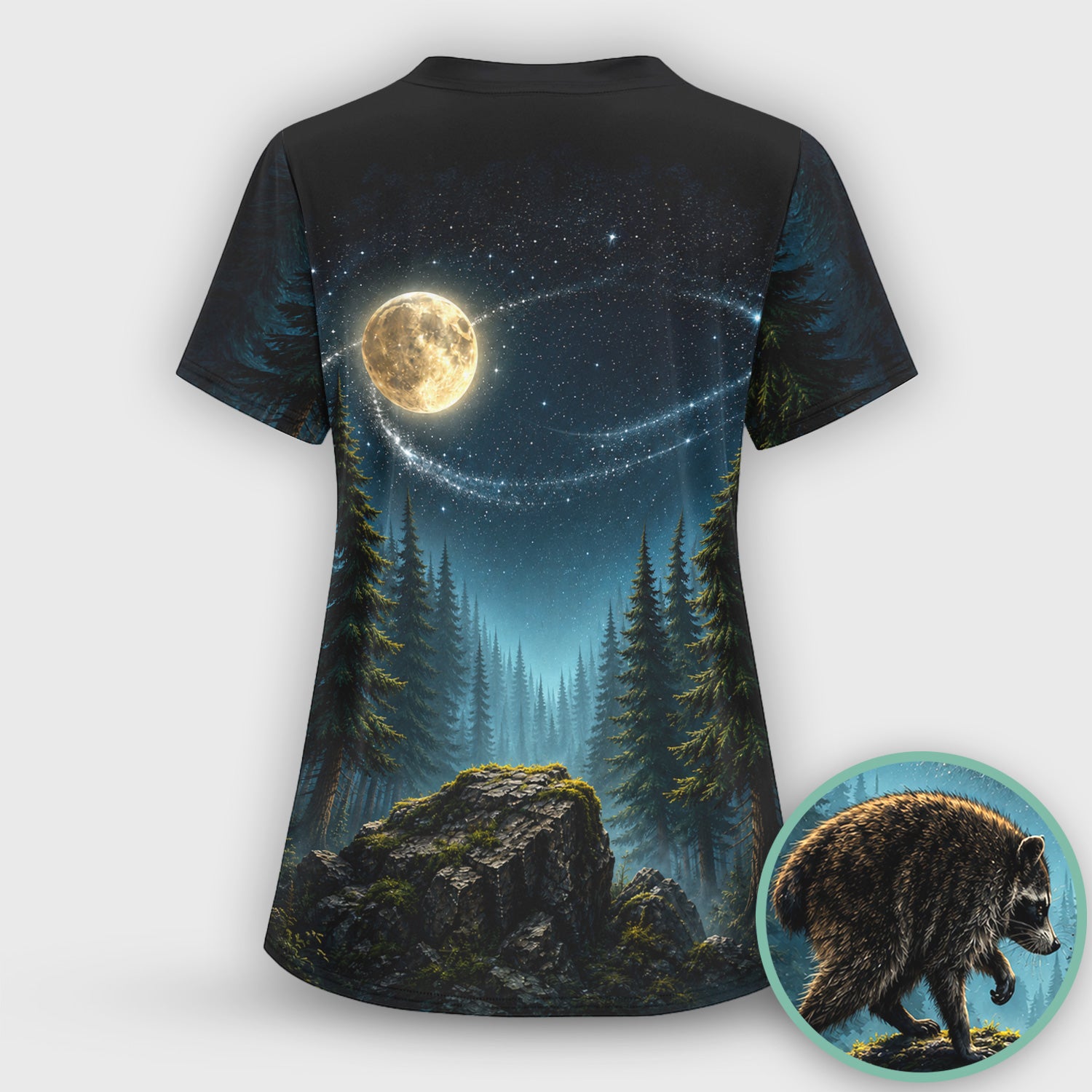 Raccoon On A Moonlit Branch Print Scrub Set, Scrub Pants and V Neck Top