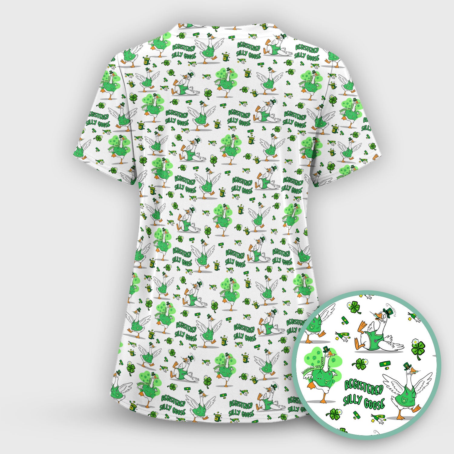 Silly Goose St. Patrick’s Day Scrub Top, Funny Goose Shamrock Pattern Nurse Scrub Shirt, Irish Green Nursing Uniform