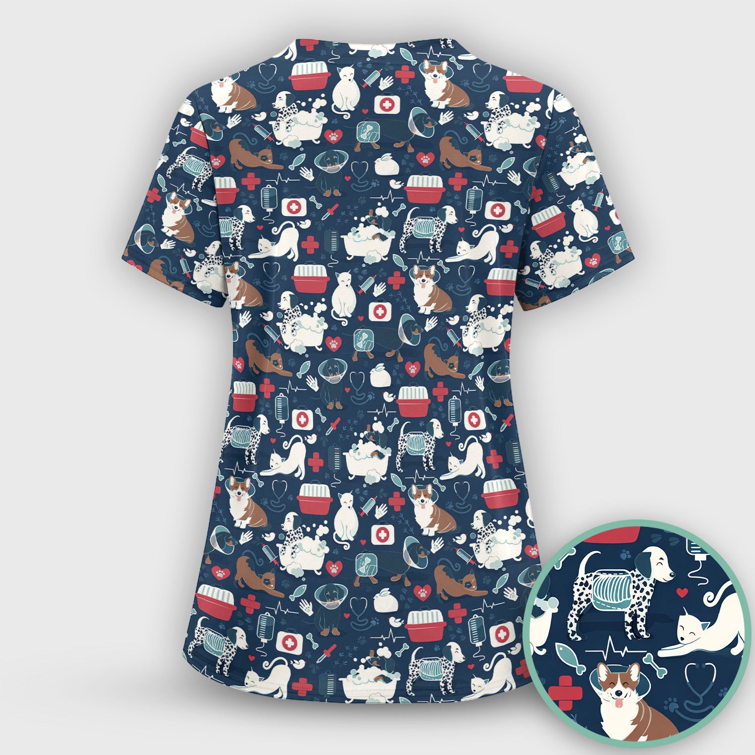 Dogs With Veterinary Tools And Paw Print Scrub Set, Breathable Med Uniform