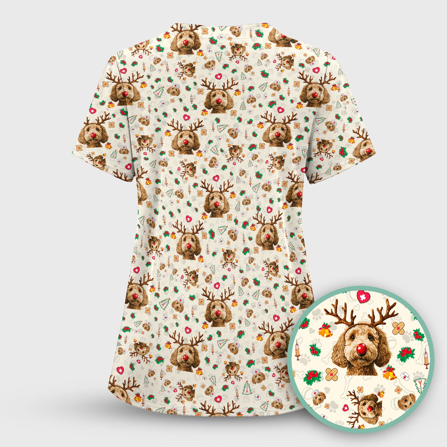 Labradoodle Reindeer Christmas Scrub Top - Funny Dog Nurse Shirt - Cute Holiday Medical Uniform for Women RN LPN CNA Gift