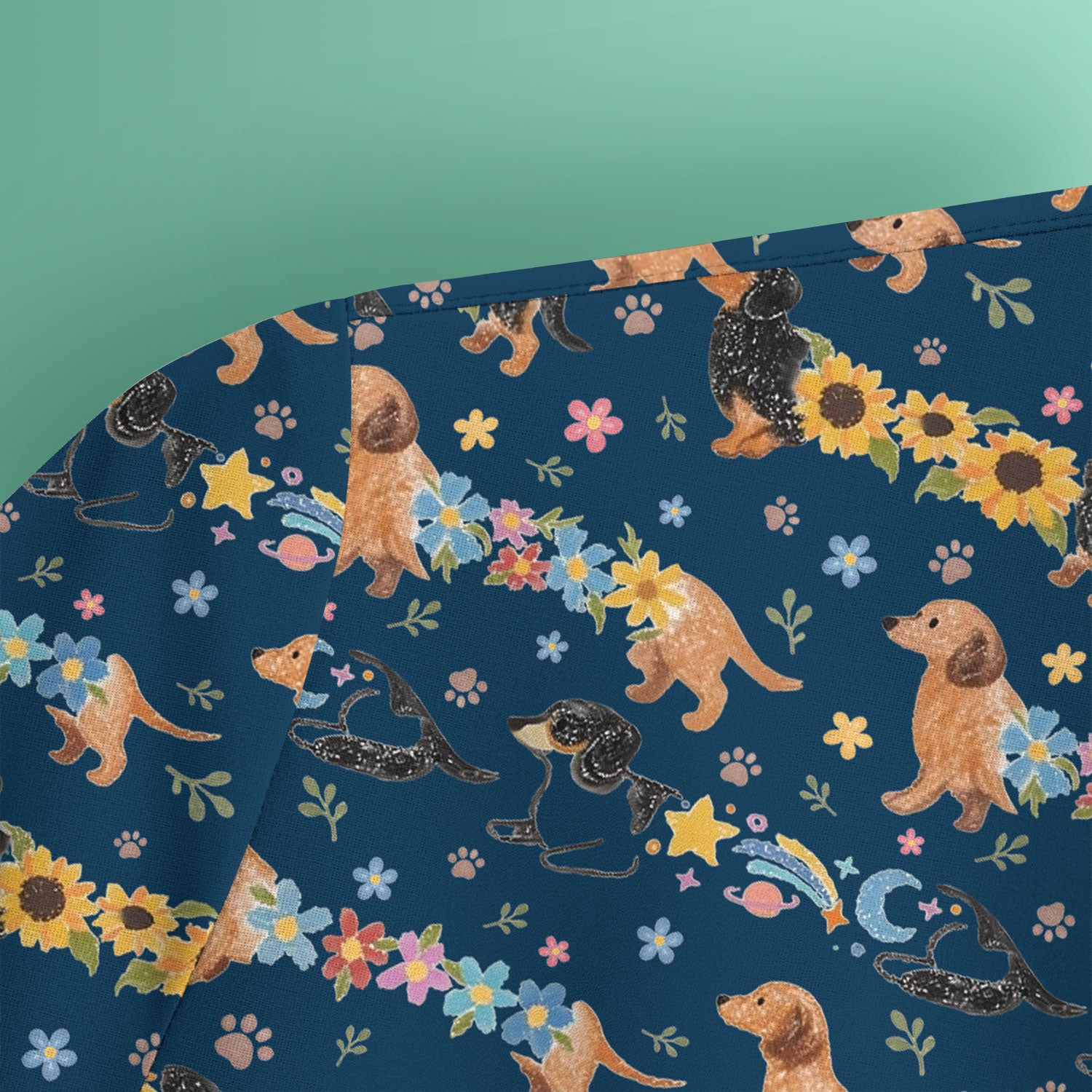 Floral Wiener Dog Pattern Scrub Top, Medical Scrubs for Nurses