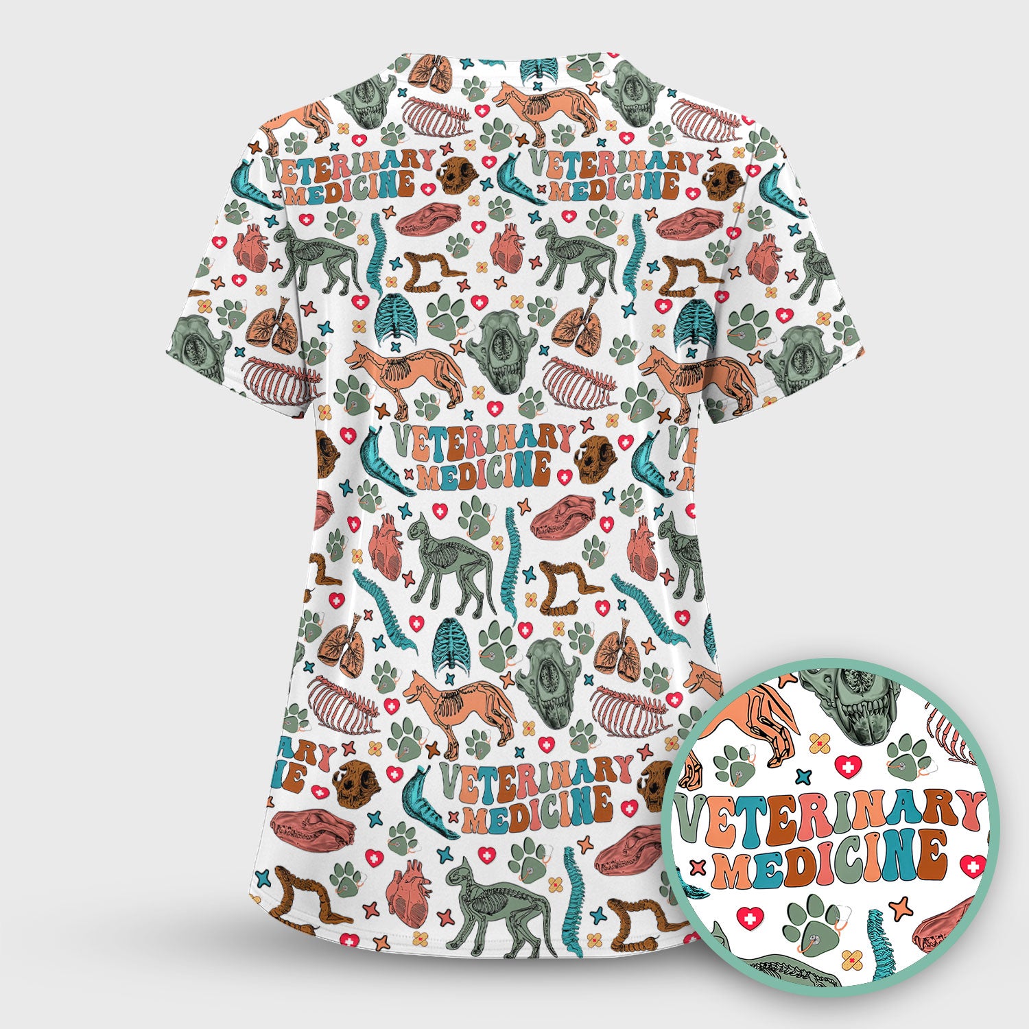 Veterinary Medicine Scrub Top - Cute Animal Anatomy Pattern Medical Shirt - Fun Vet Tech Nurse Scrubs for Women