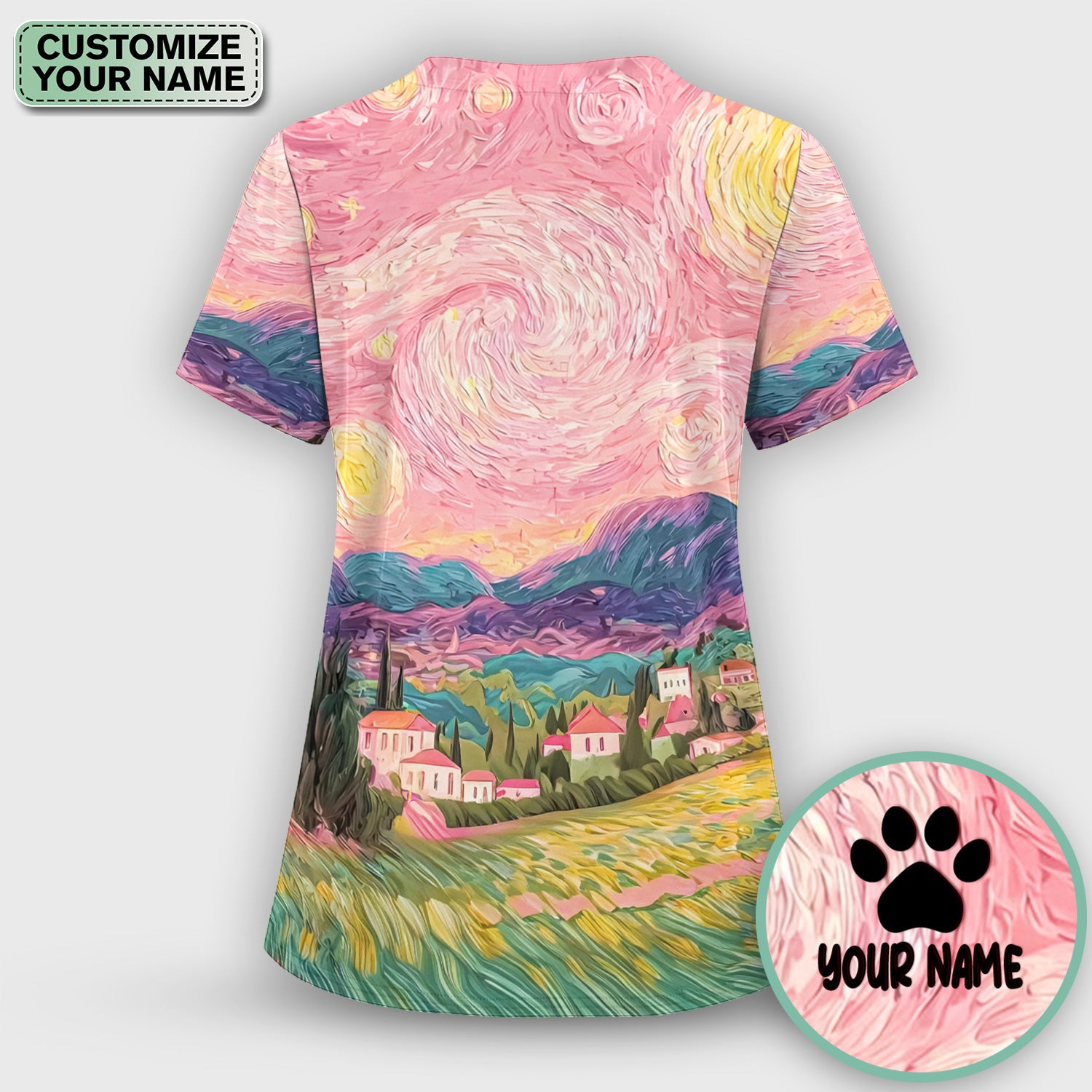 Personalized Cat Couple Sunset Swirl Sky Landscape Pattern Scrub Set, Scrub Pants and V Neck Top