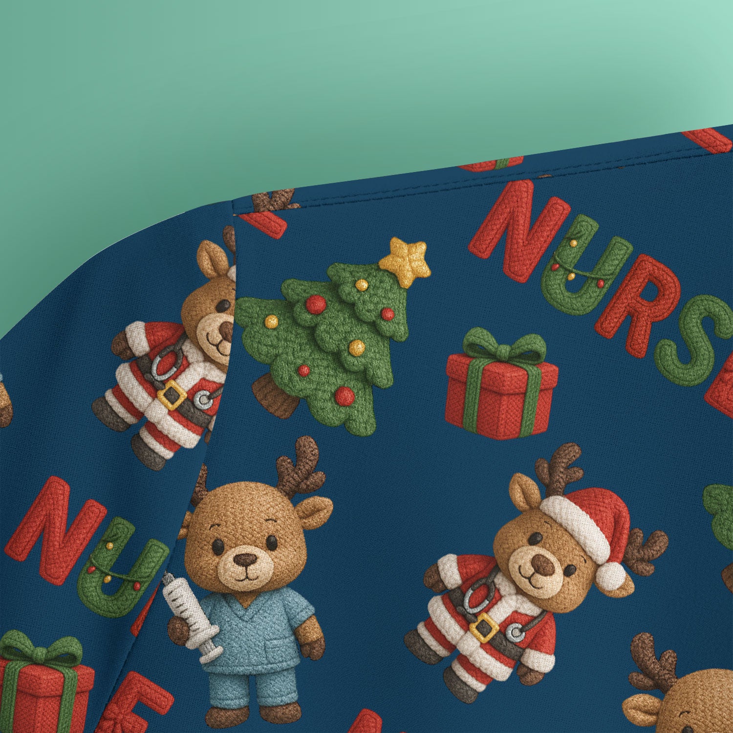 Reindeer Christmas Scrub Top, Cute Holiday Nurse Scrub Shirt, Festive Pattern Nursing Uniform