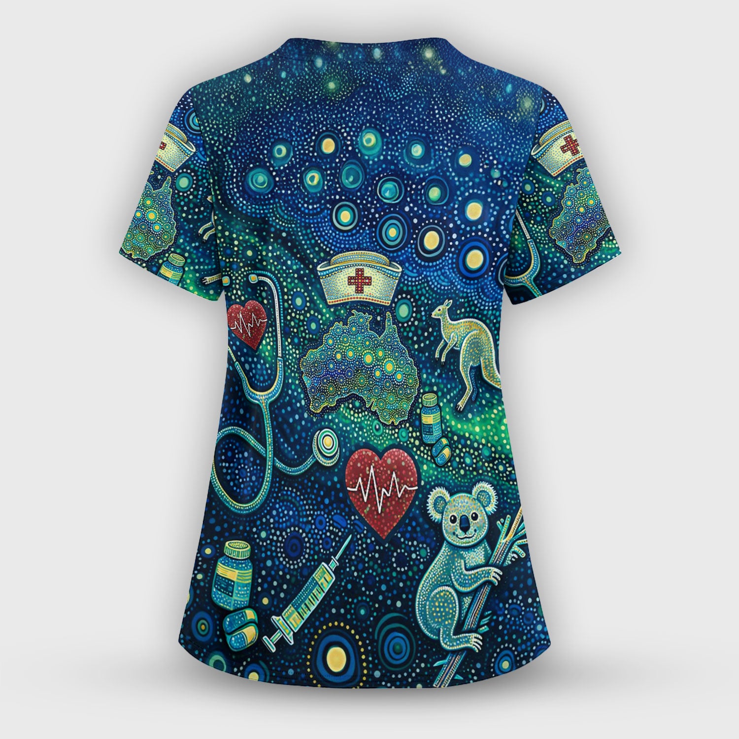Aboriginal Nurse Australia Scrub Top, Kangaroo Koala Dot Art Medical Pattern Shirt, Breathable Fabrics Nursing Uniform