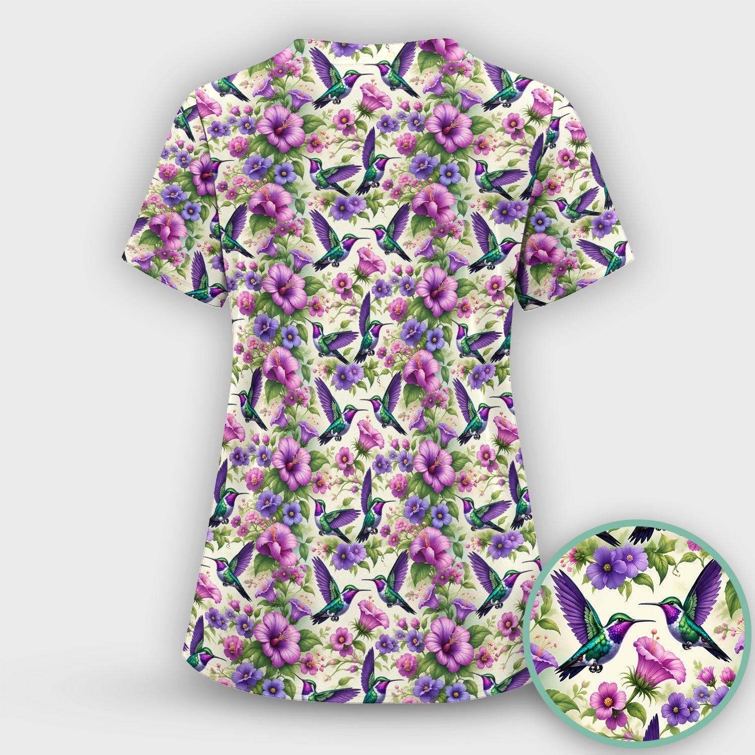 Purple Hummingbird Hibiscus Floral Pattern Scrub Top, Comfortable Scrubs for Nurses