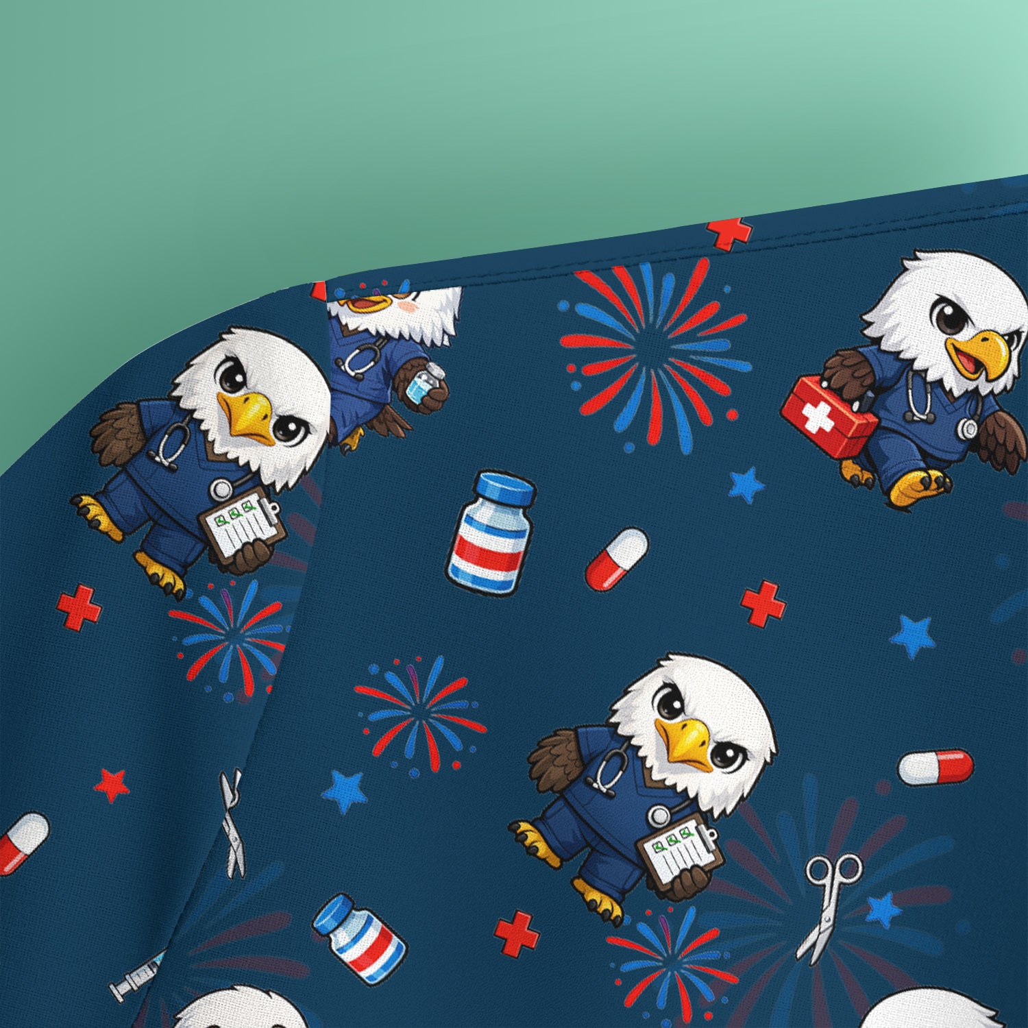 Patriotic Nurse Eagle Fireworks Medical Pattern Scrub Top, Breathable Fabrics Nursing Uniform