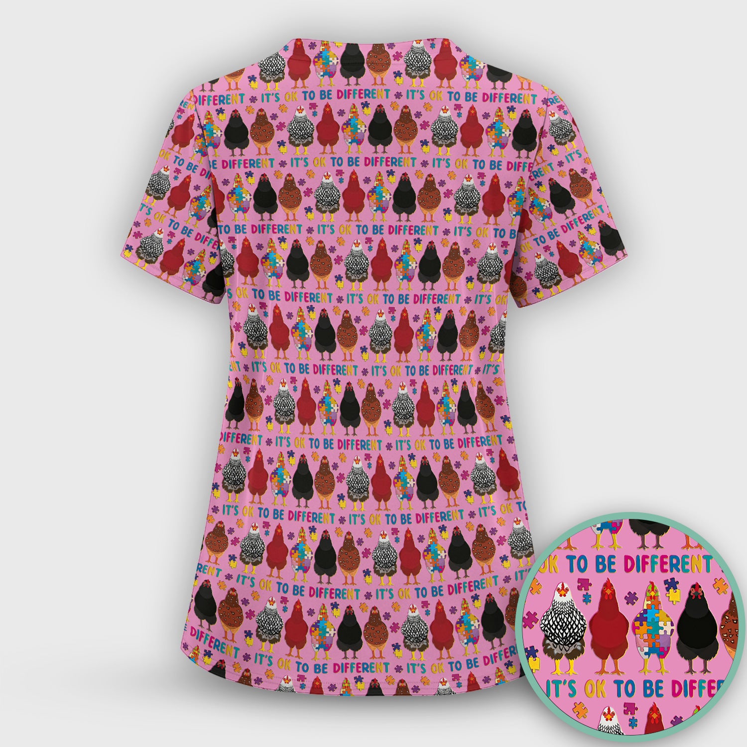 Autism Chicken It’s OK to Be Different Print Scrub Top, Comfortable Scrubs for Nurses