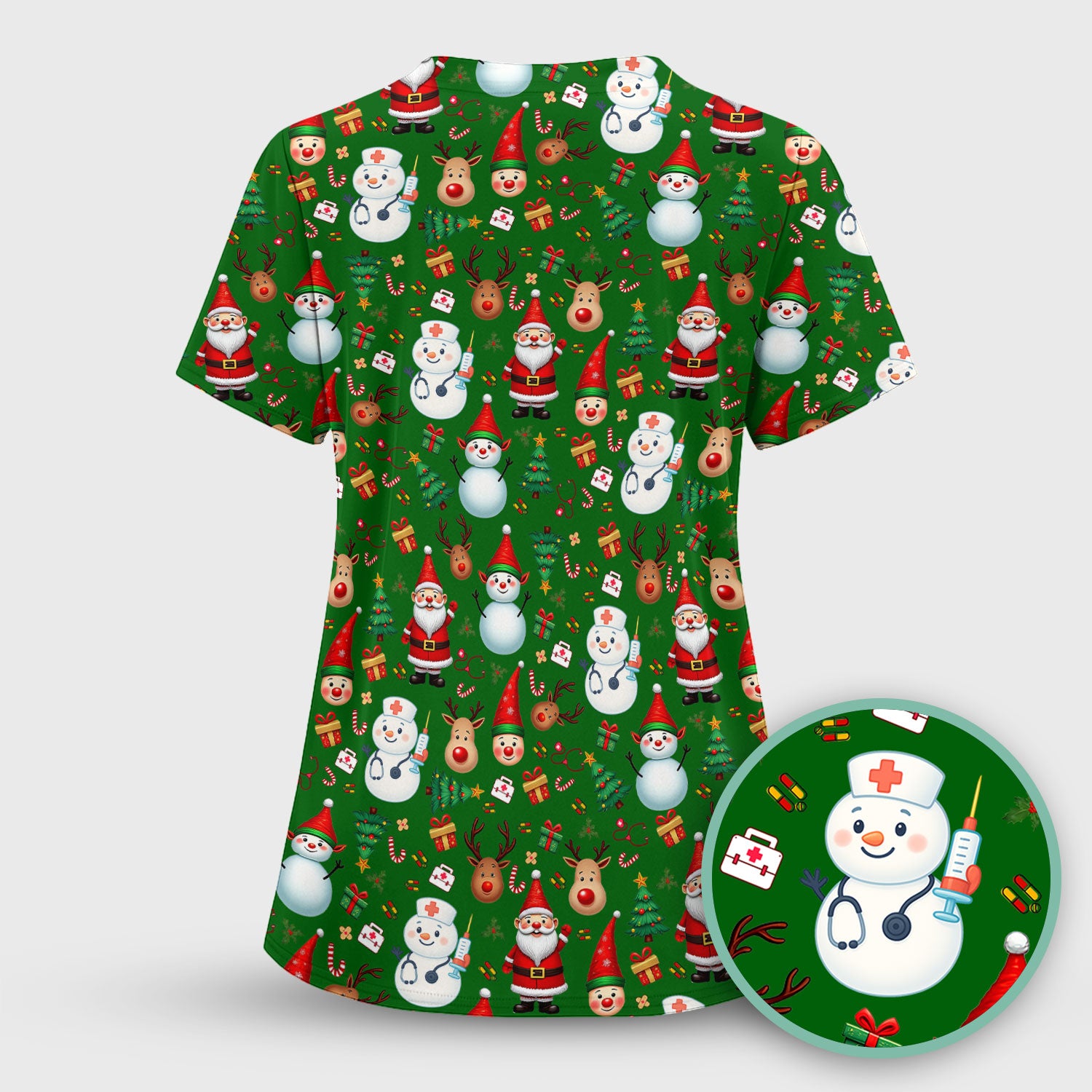Christmas Scrub Top for Nurses - Cute Snowman Reindeer Santa Pattern - Holiday Medical Uniform RN CNA LPN Gift