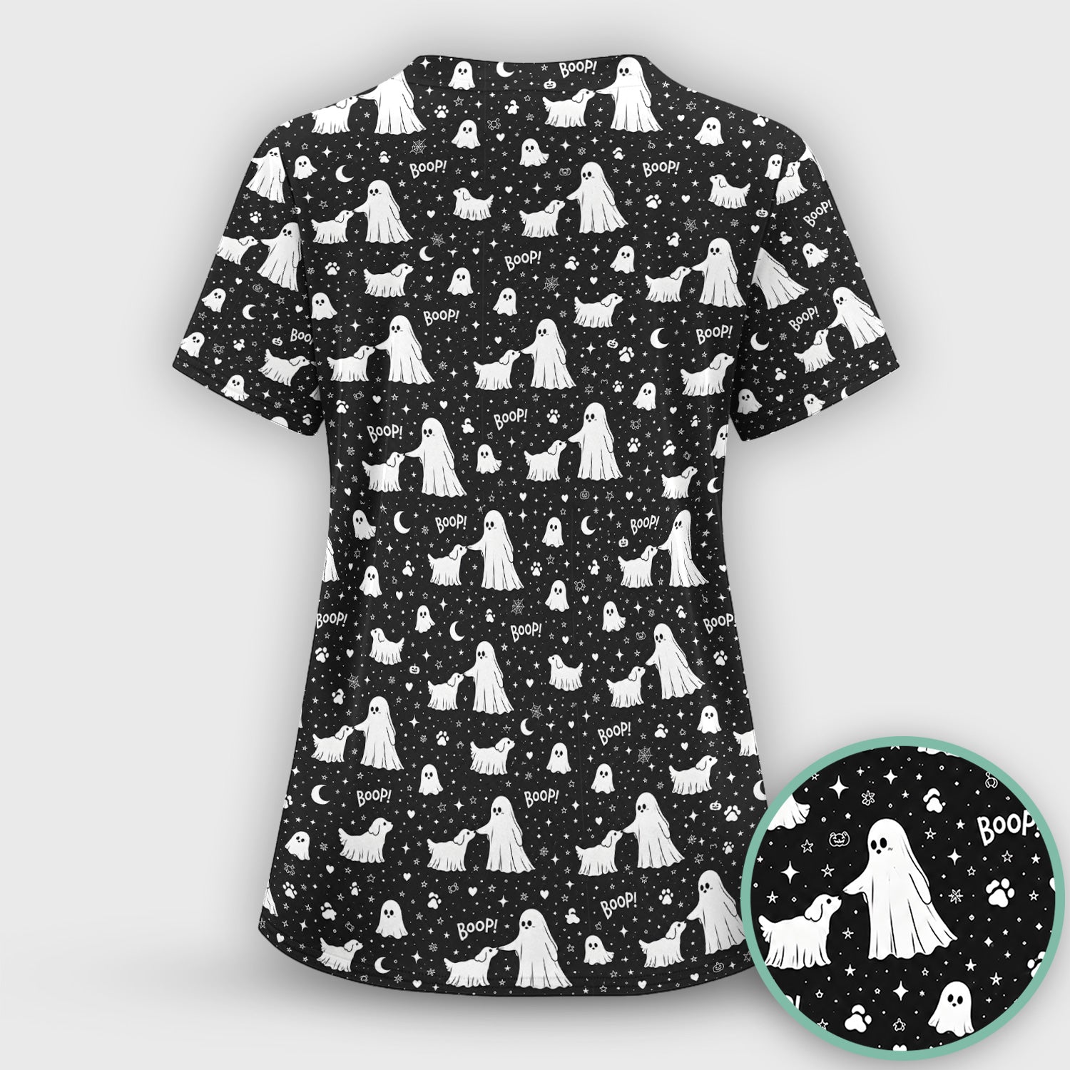 Halloween Ghost Boop Dog Pattern Scrub Top, Comfortable Scrubs for Nurses