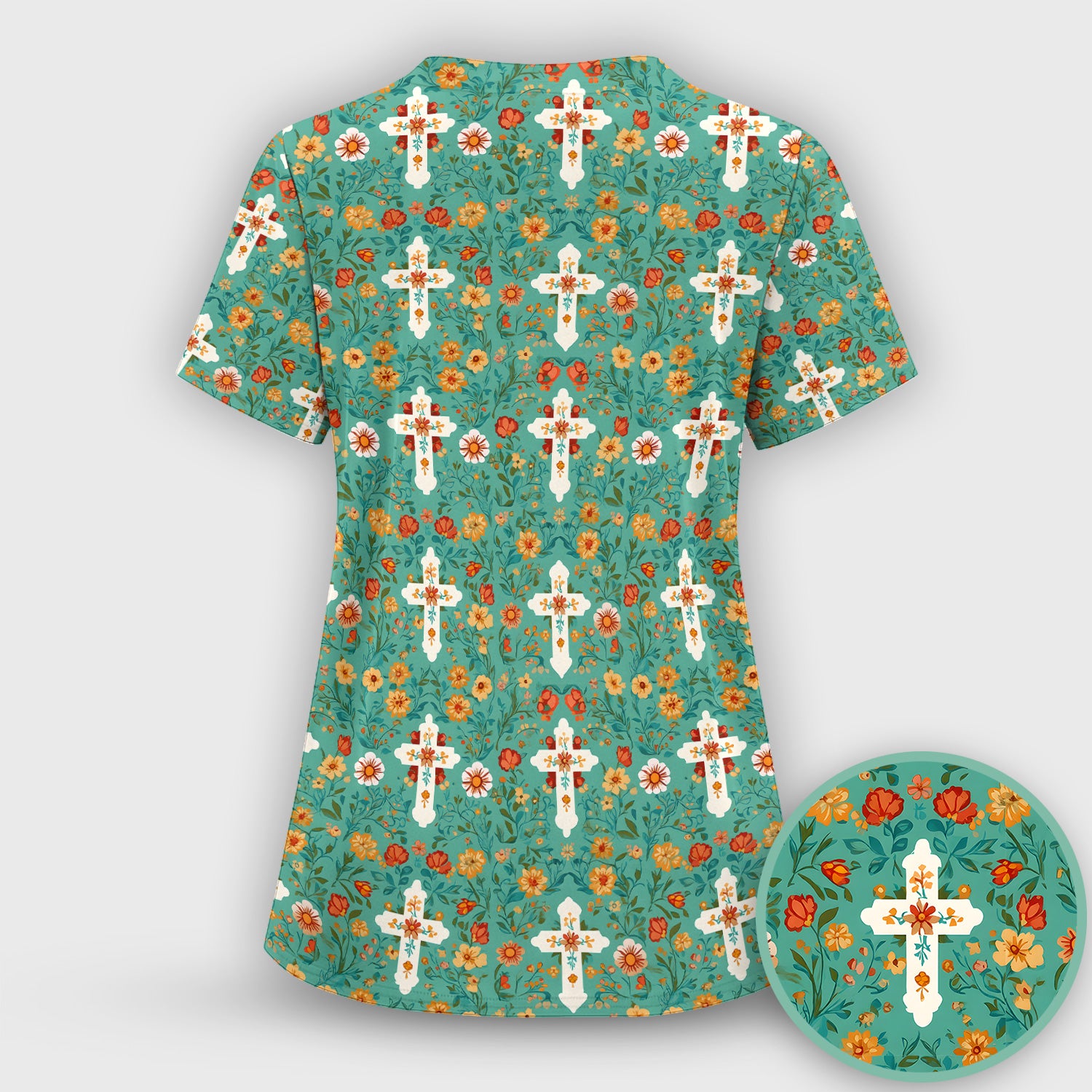 Christian Faith Floral Cross Pattern Scrub Top, Comfortable Scrubs for Nurses