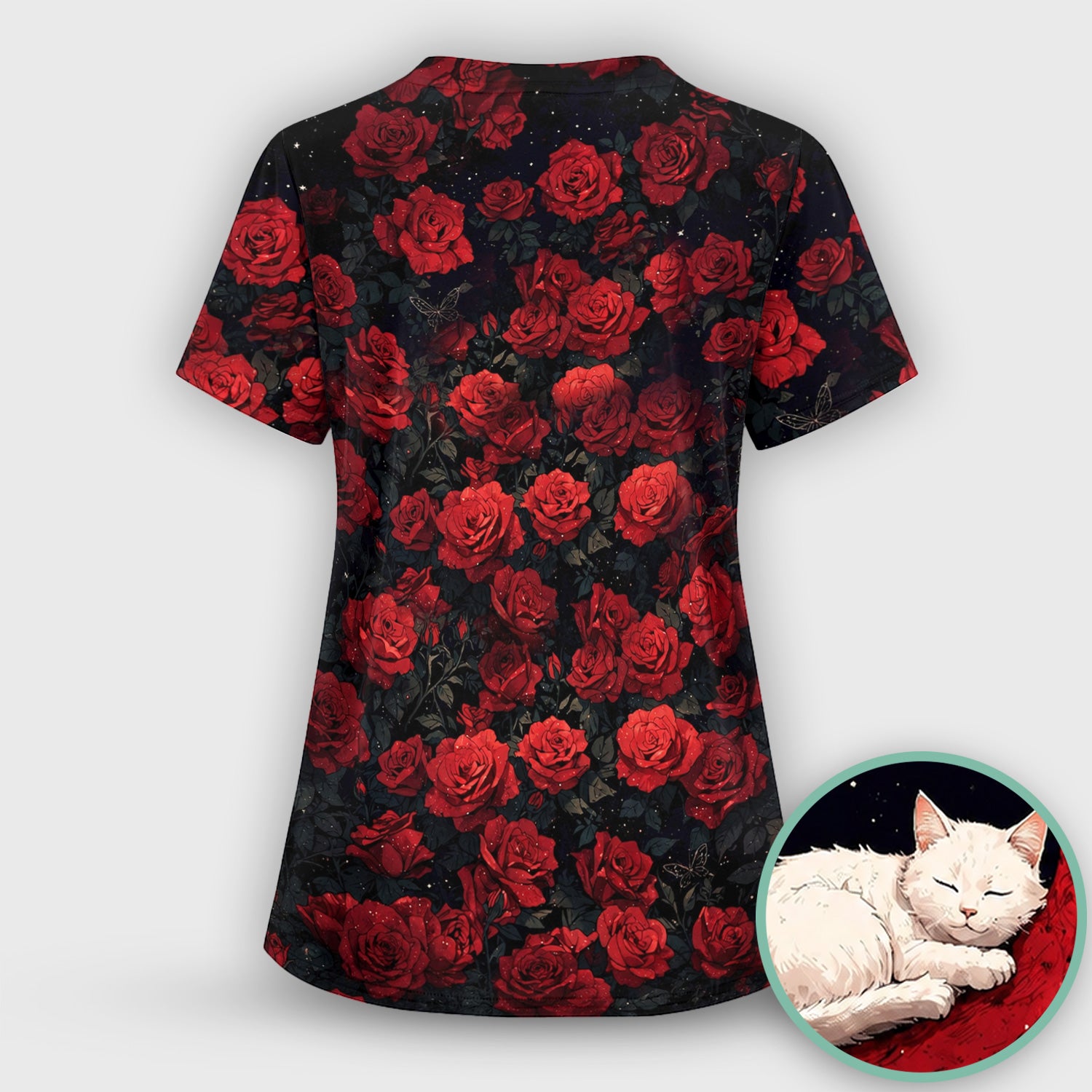 Gothic Red Moon Cat Nurse for Veterinary Staff, RN, CNA, Rose Medical Scrub Top, Comfortable Scrubs for Nurses