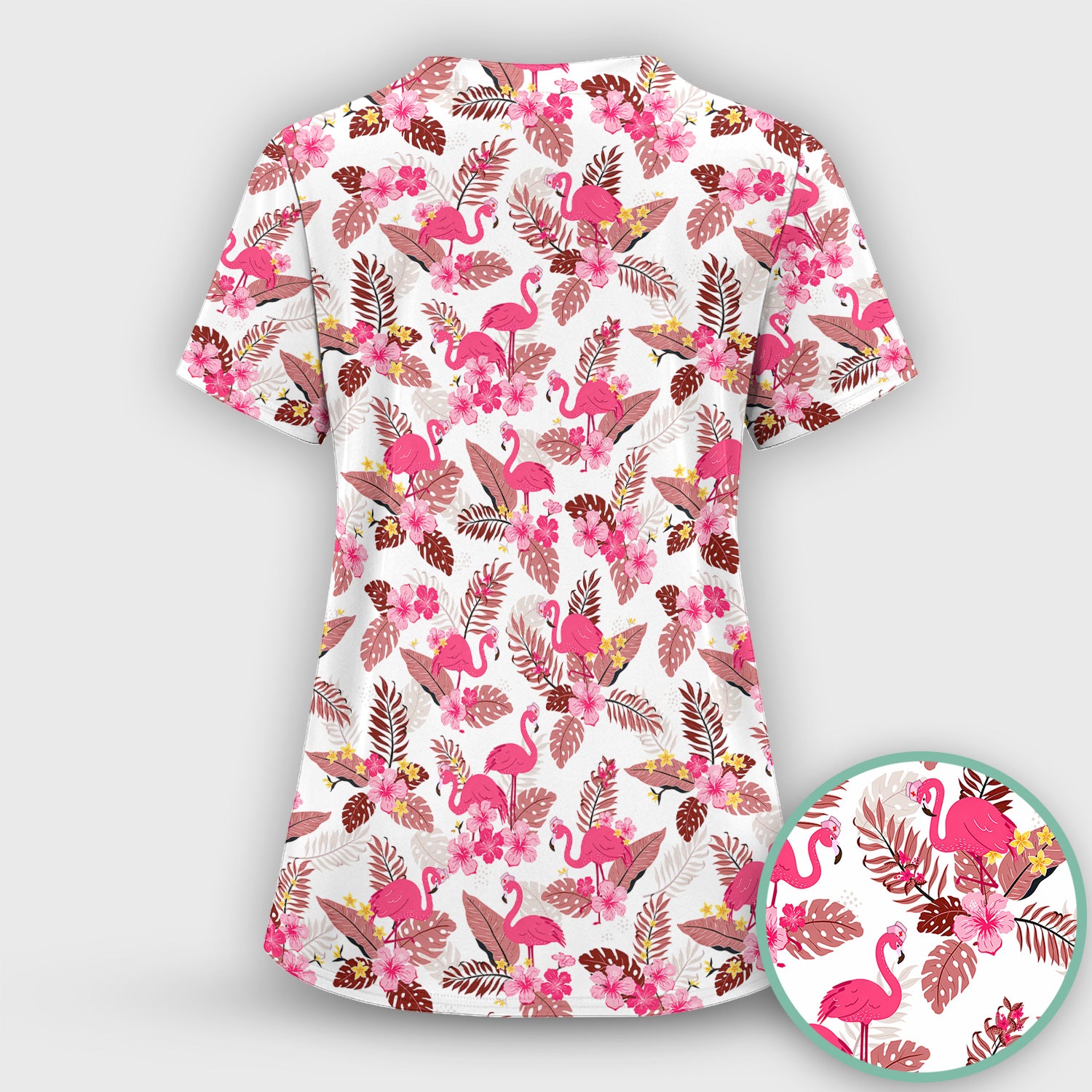 Pink Flamingo Tropical Floral Scrub Set, Scrub Pants and V Neck Top