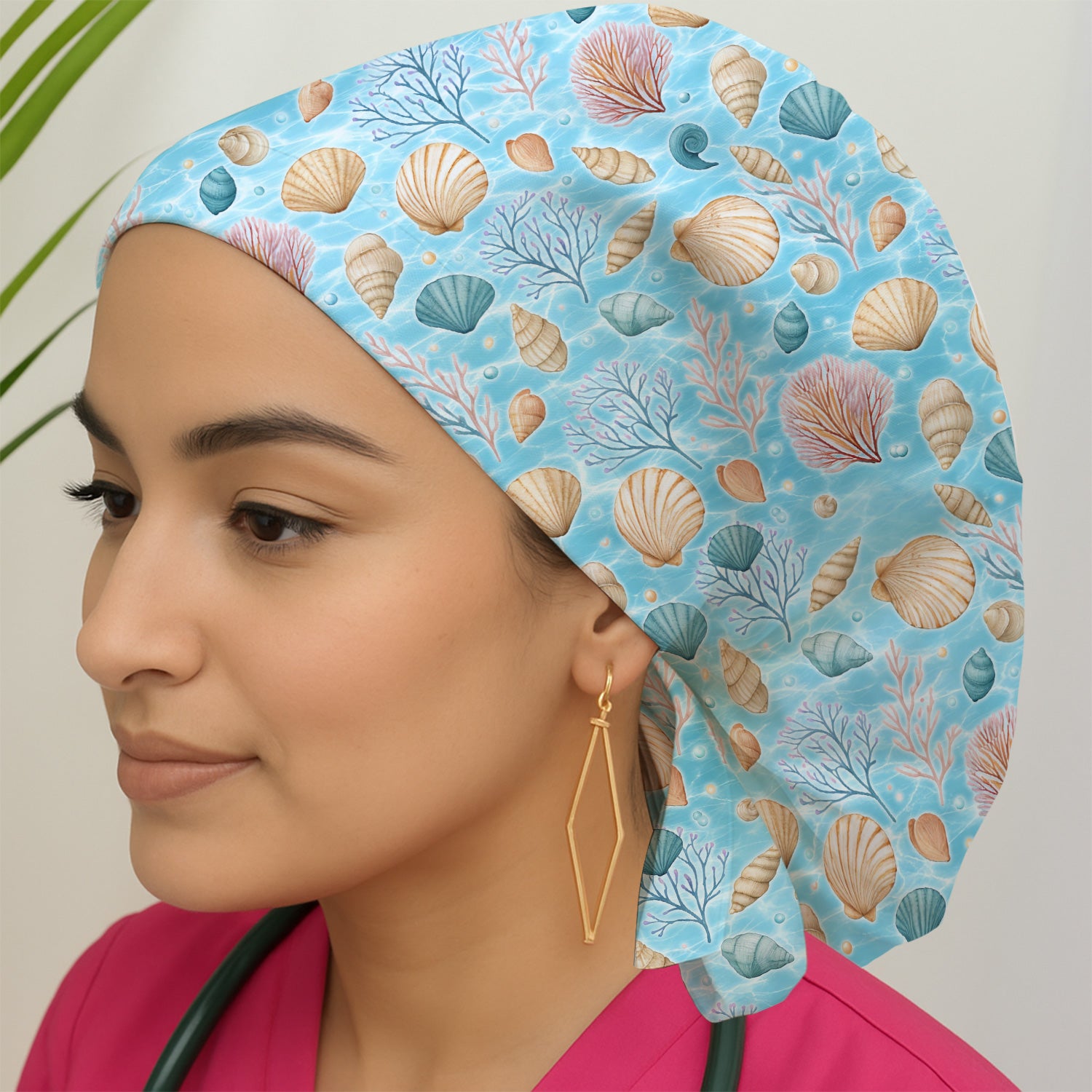 Cute Nurse Coastal Seashell And Coral Reef Scrub Cap, Surgical Caps for Doctors