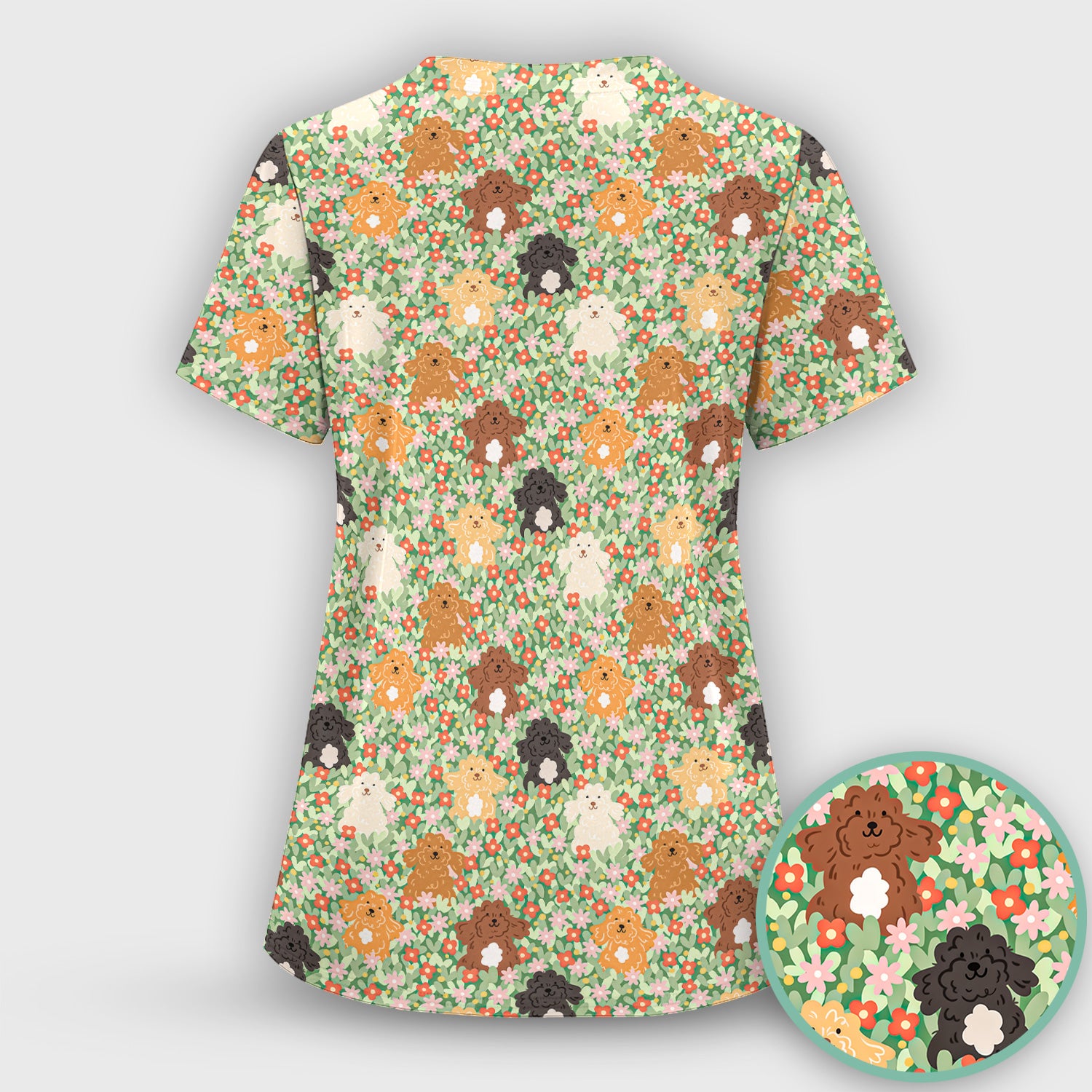 Cute Poodle Dogs Floral Pattern Scrubs Sets, Breathable Med Uniform