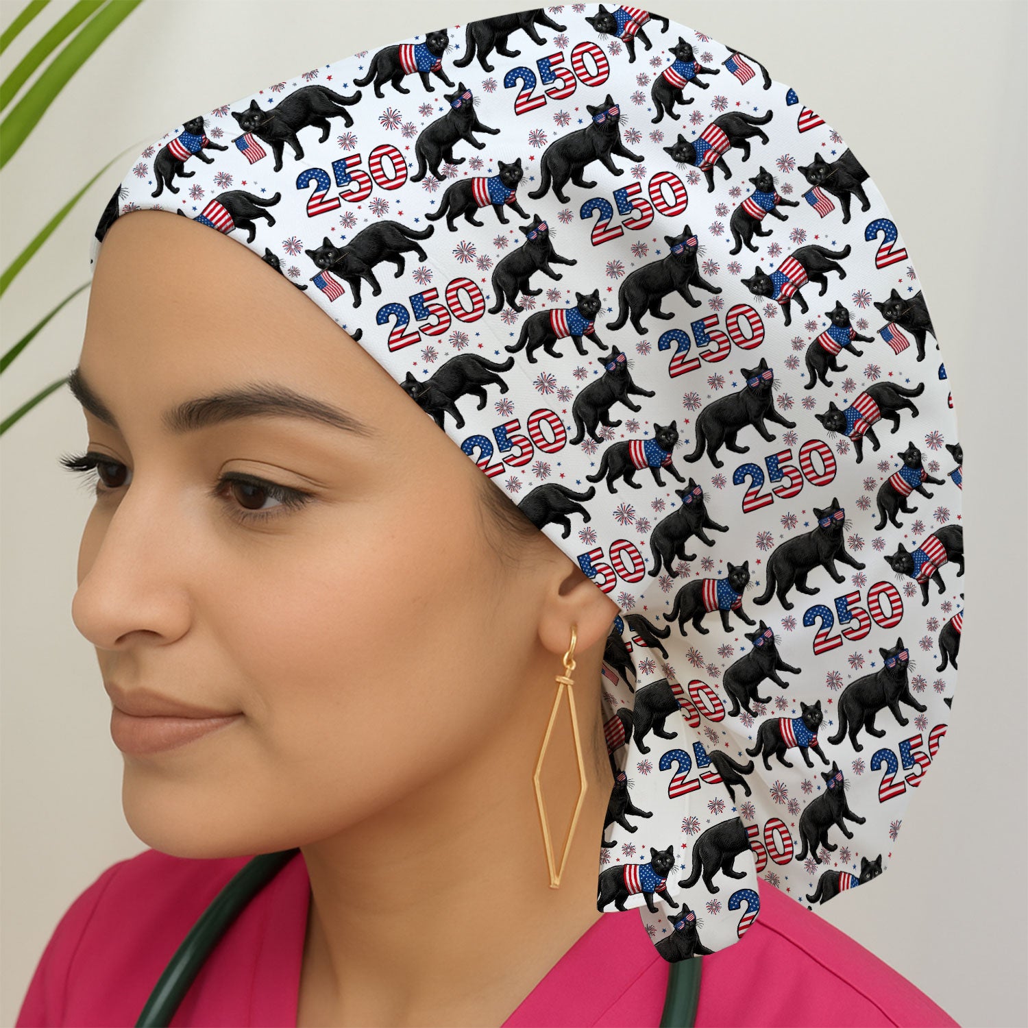 Black Cat 250 USA Flag Fireworks Pattern Caps, Bouffant Scrub Caps for Women