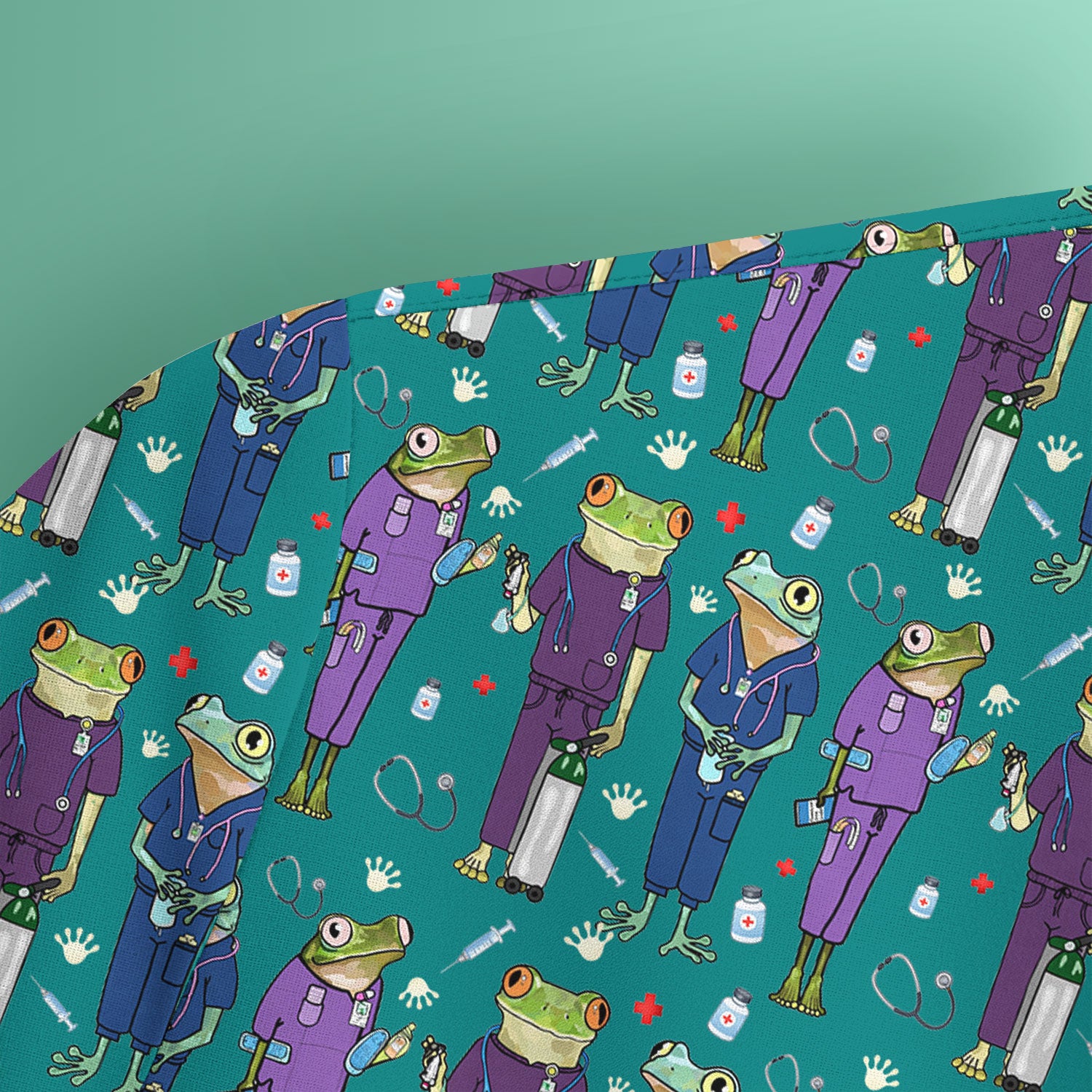 Funny Frog Nurse Pattern Scrub Top, Breathable Healthcare Uniform Top